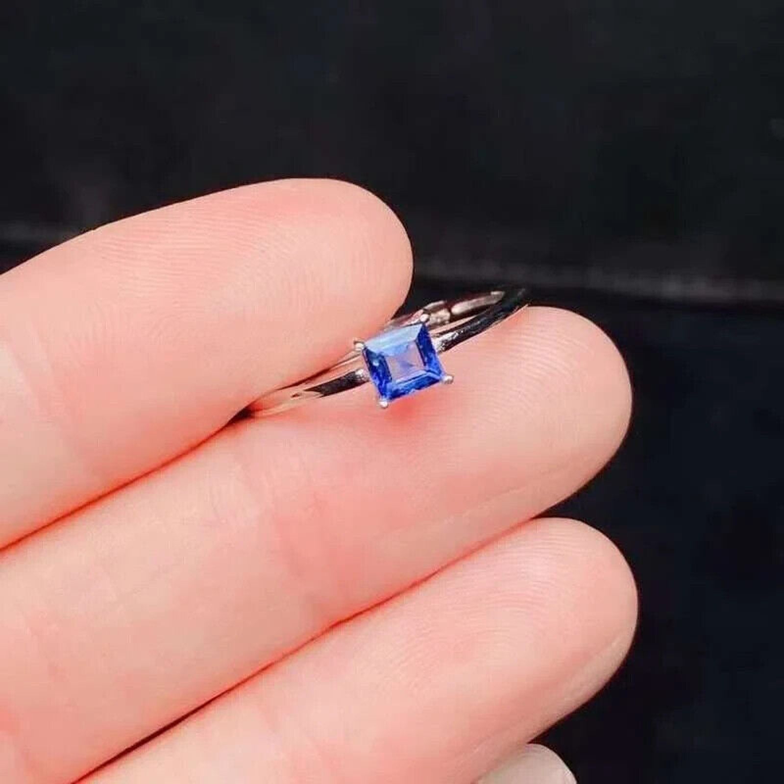 Dainty Square Sapphire Ring, Natural Blue Sapphire Ring 4mm 925 Sterling Silver