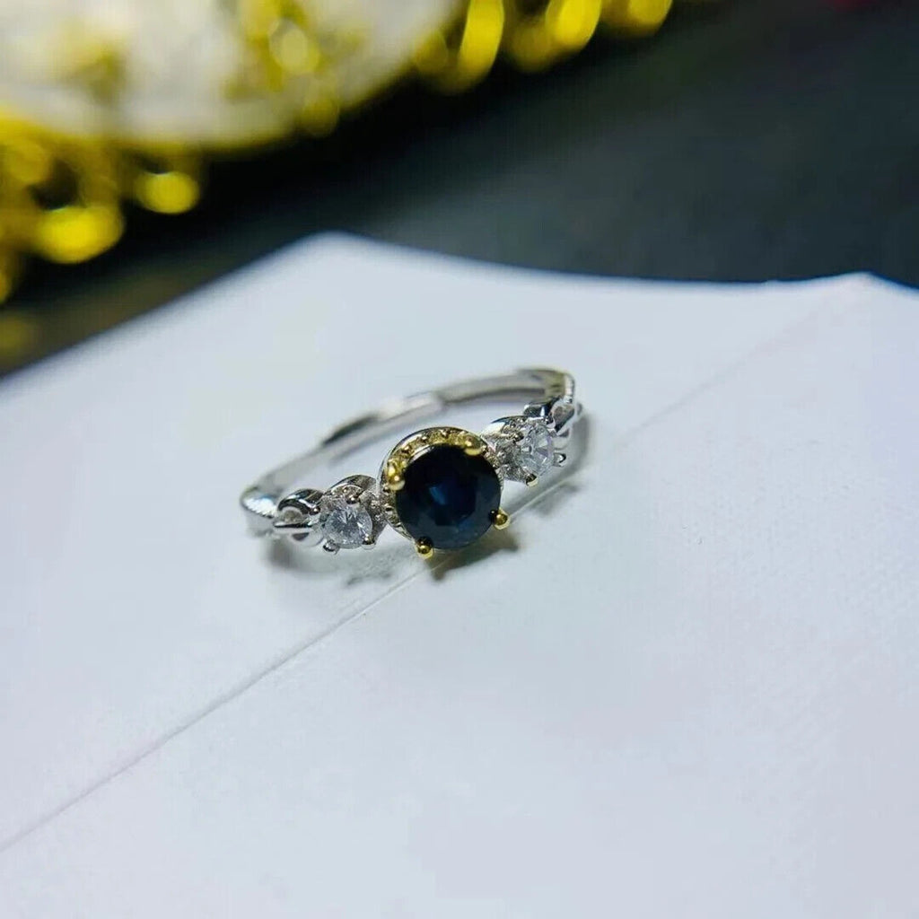 Natural Sapphire Cocktail Ring 6mm 925 Sterling Silver, Dark Blue Sapphire Ring