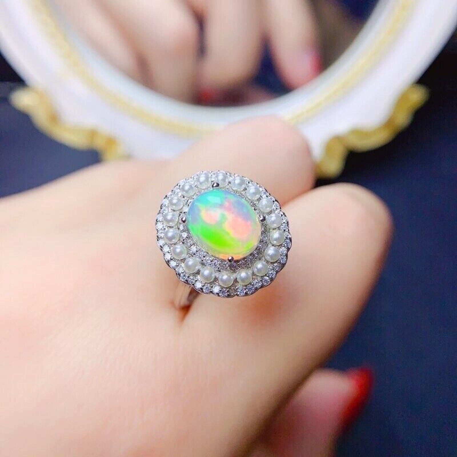 Australian Opal and Faux Pearl Statement Ring, Large White Opal Statement Ring