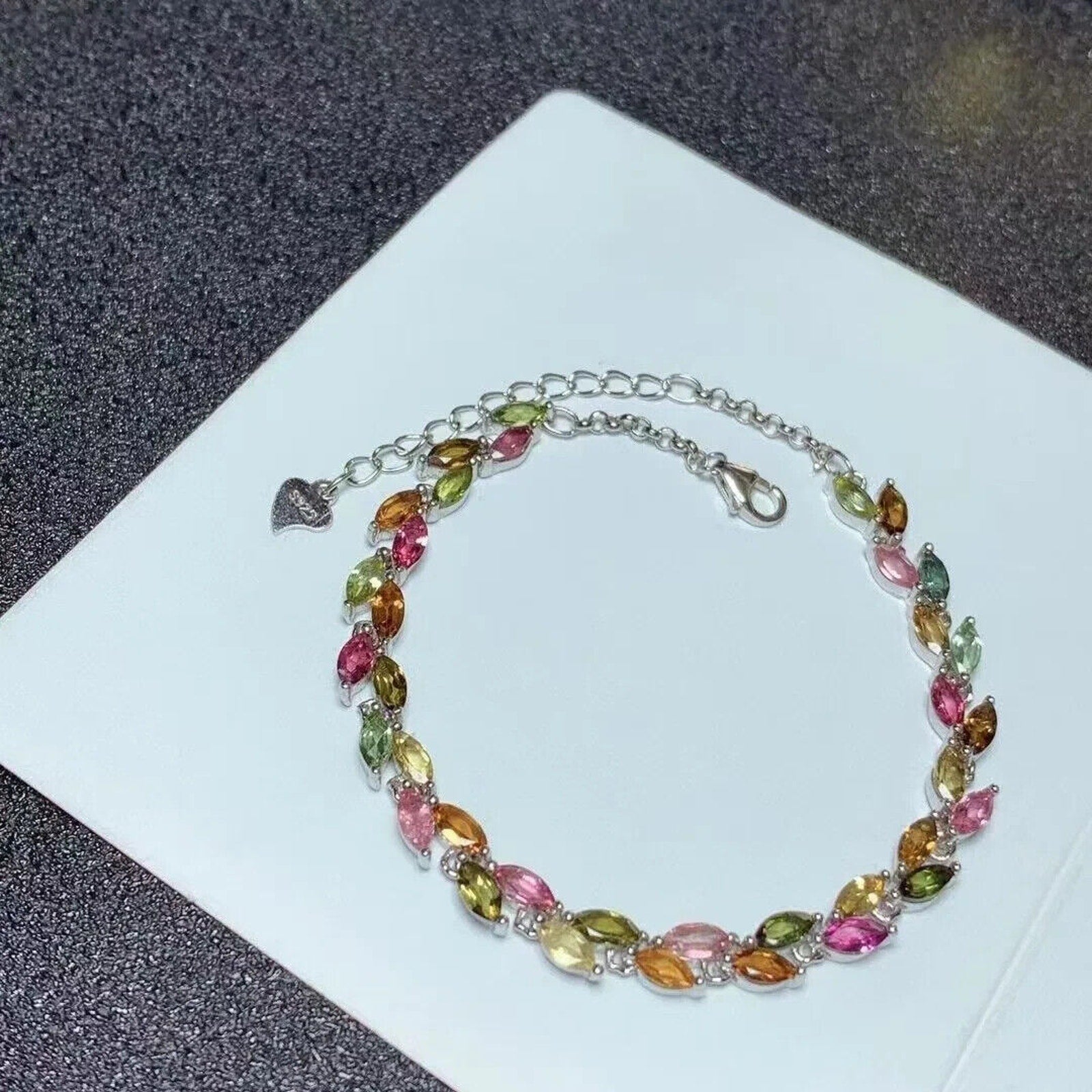Colorful Tourmaline Gemstone Leaf Bracelet, Dainty Natural Tourmaline Bracelet