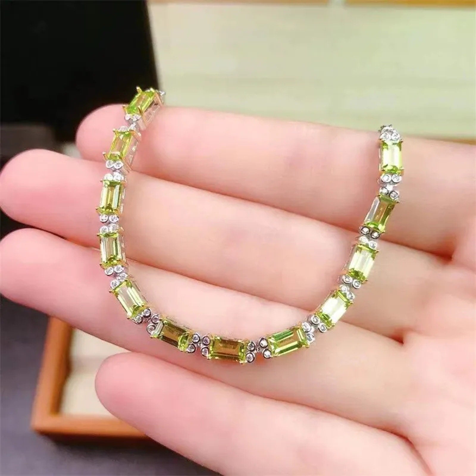 Natural Peridot Gemstone Bracelet 3x5mm 925 Sterling Silver