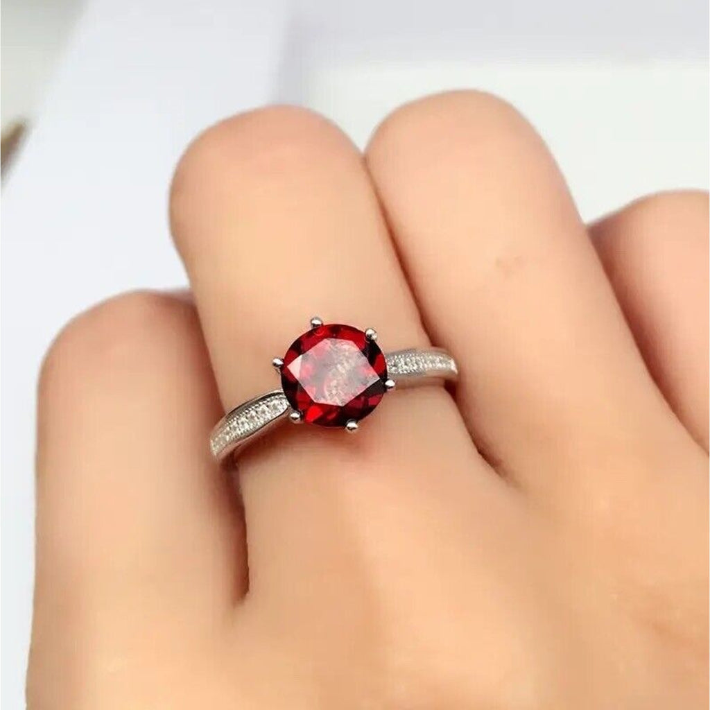 Genuine Red Garnet Ring 8mm Platinum Plated
