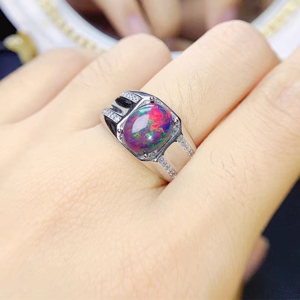 Men's Fire Opal Statement Ring, Black Fire Opal Ring Sterling Silver 7x9mm
