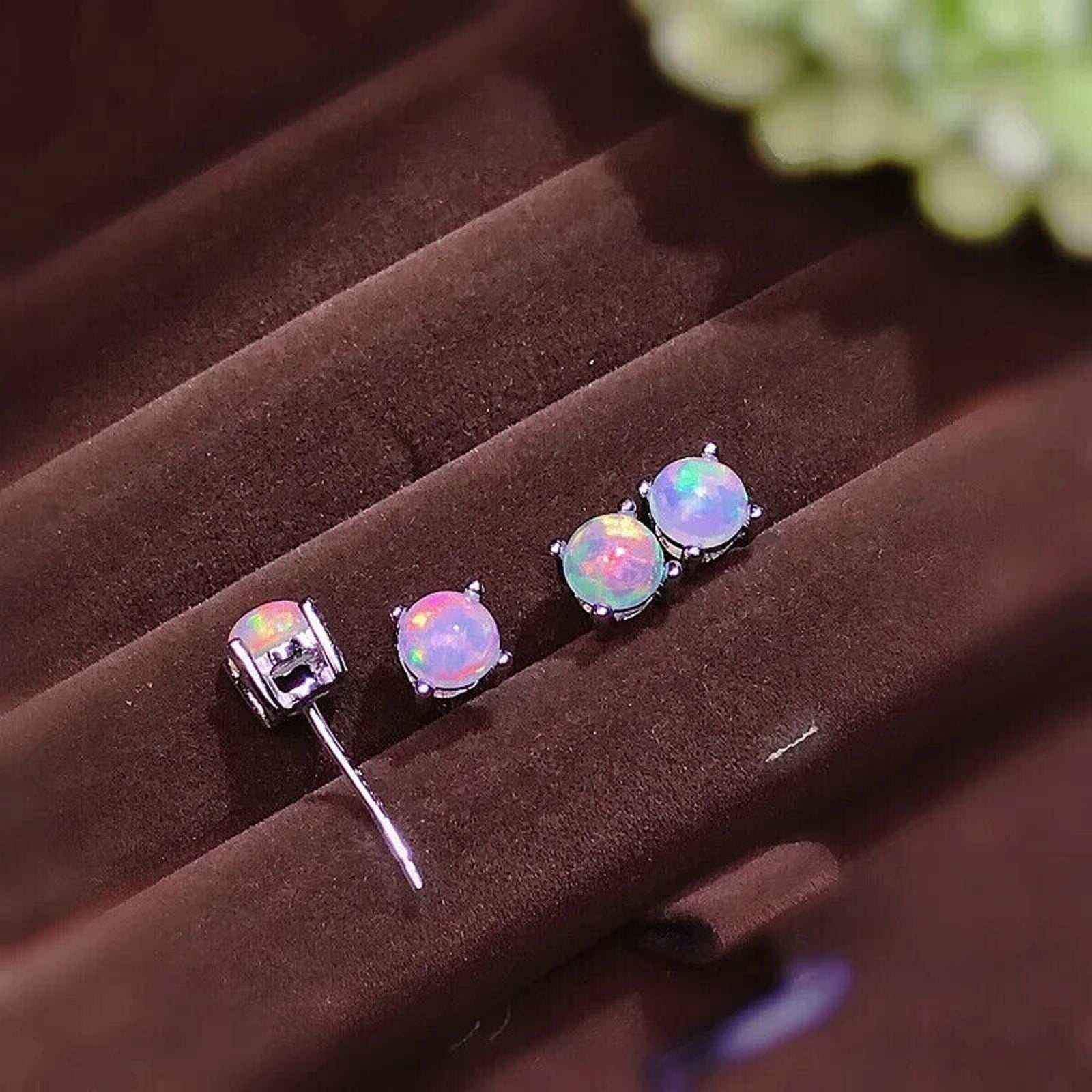 White Fire Opal Stud Earrings, Natural Opal 5x5mm Stud Earrings Sterling Silver