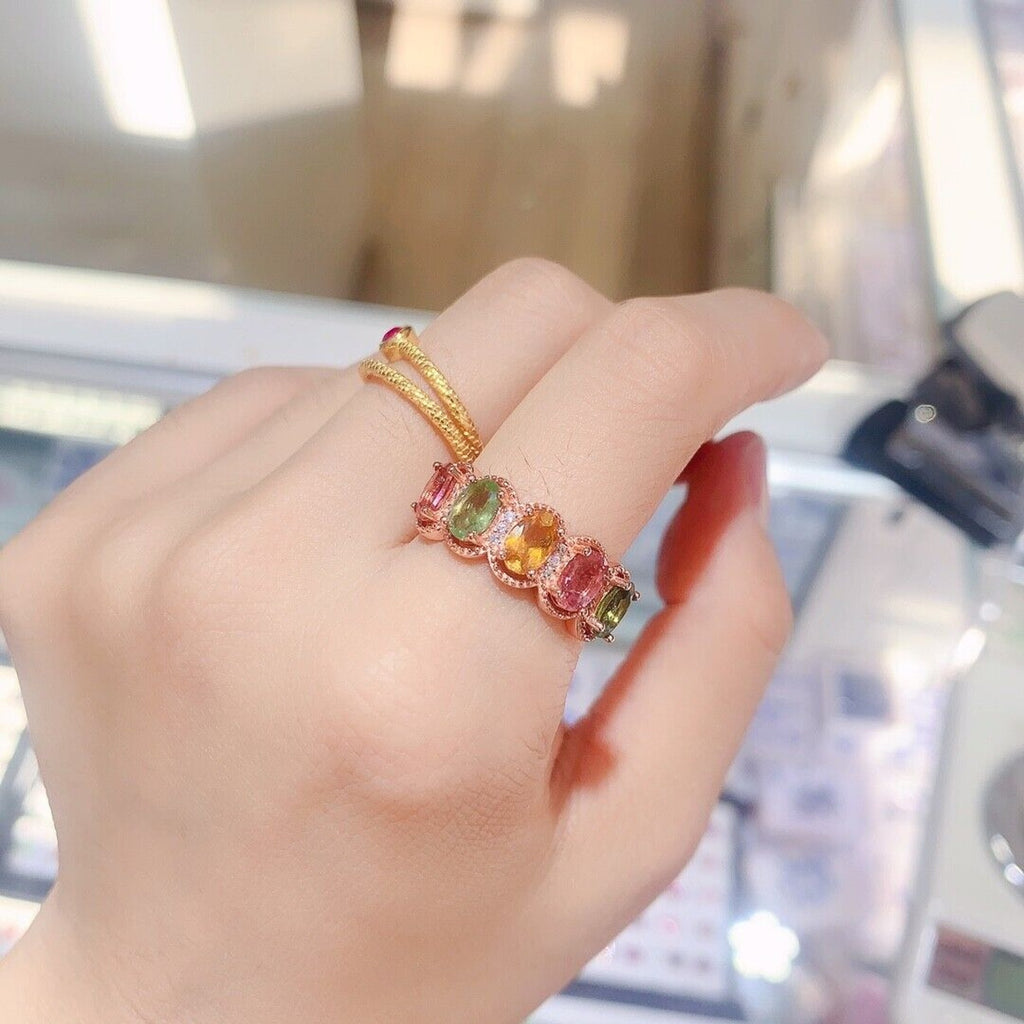 Natural Tourmaline Multicolor Band Ring, Tourmaline Gemstone Ring Silver