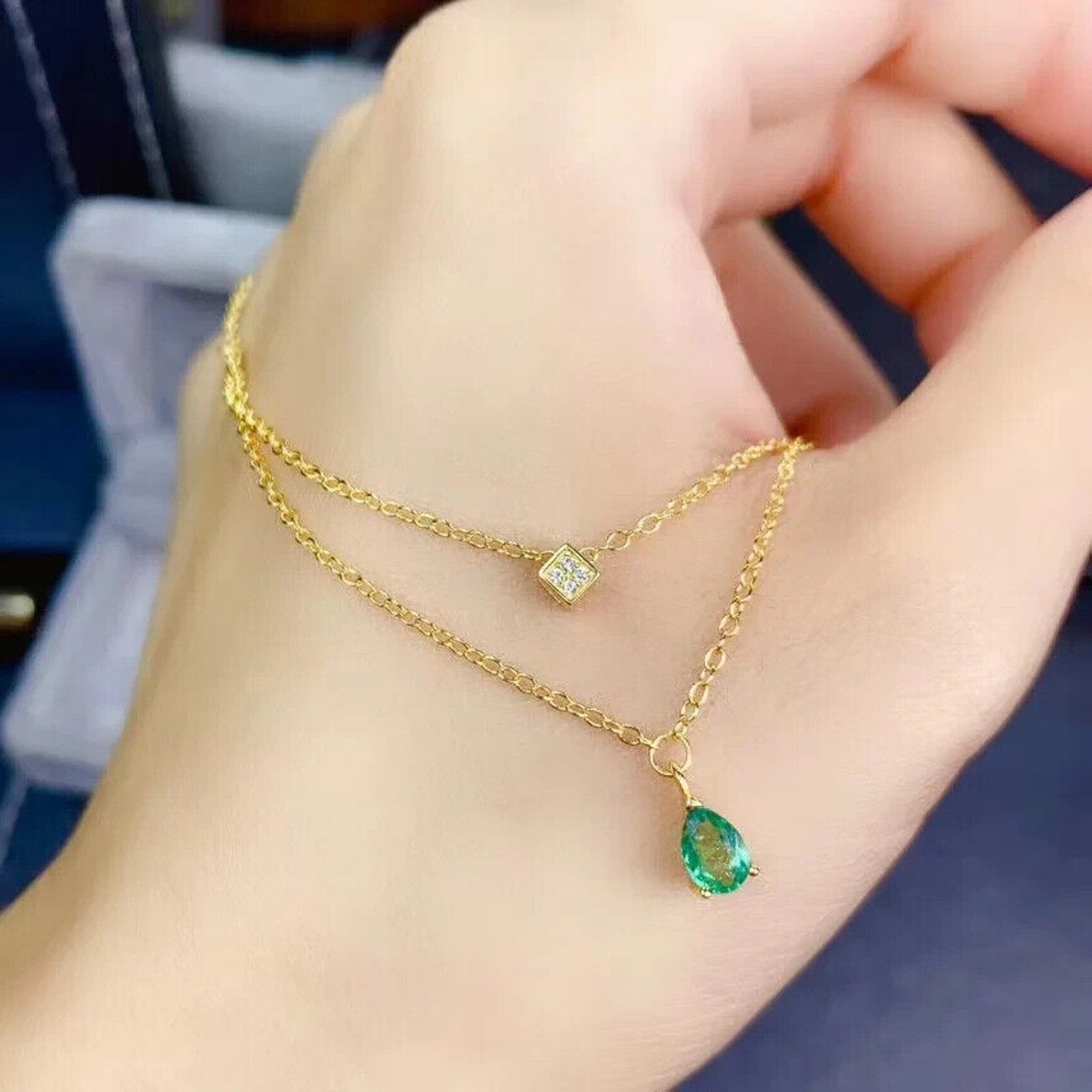 Dainty Emerald Pendant Necklace 4x6mm Gold Plated 925 Sterling Silver