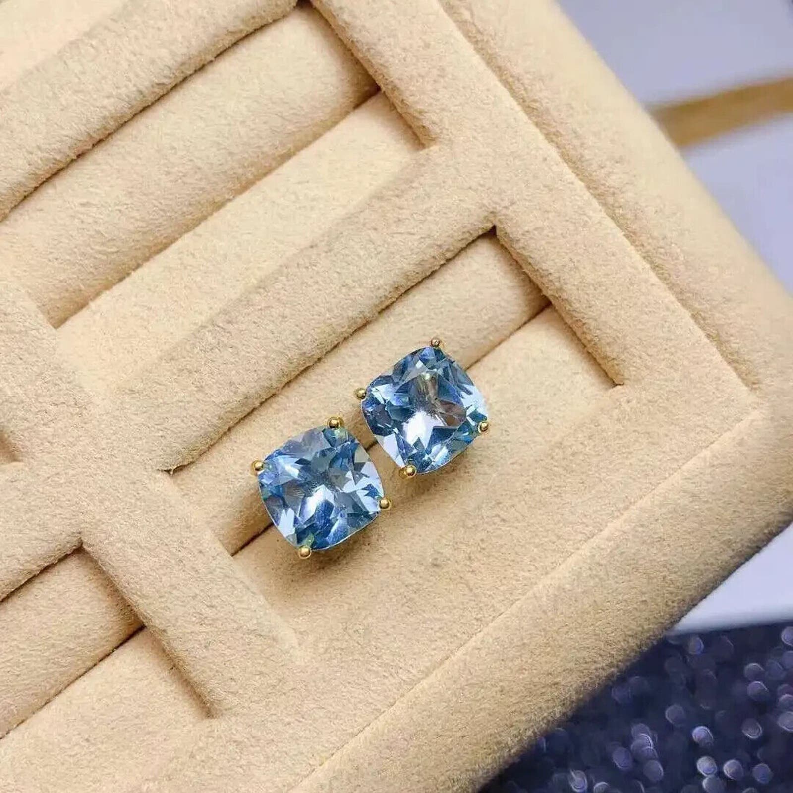 Sky Blue Topaz Cushion Cut Stud Earrings 8mm