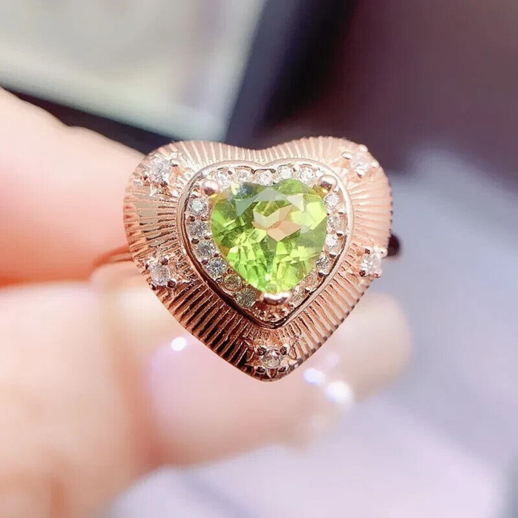 Natural Peridot Gemstone Heart Statement Ring 6mm, August Birthstone Peridot
