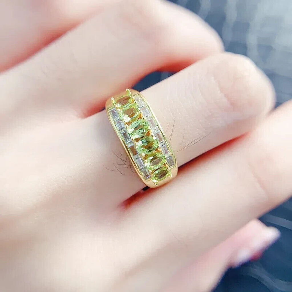 Natural Peridot Gemstone Band Ring 3x4mm, August Birthstone Peridot Ring