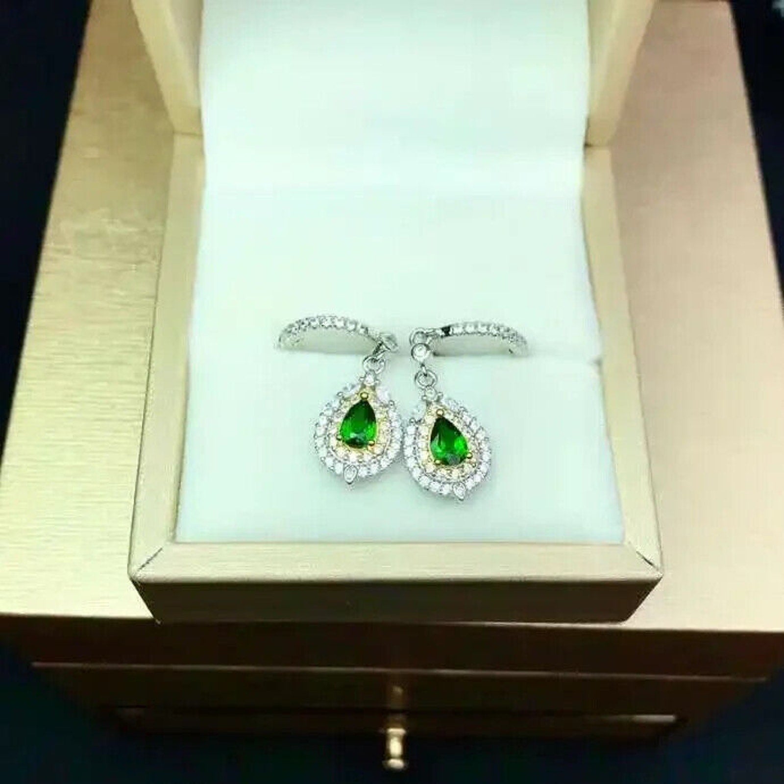 Chrome Diopside Pear Cut Dangle Hoop Earrings, Natural Diopside Earrings