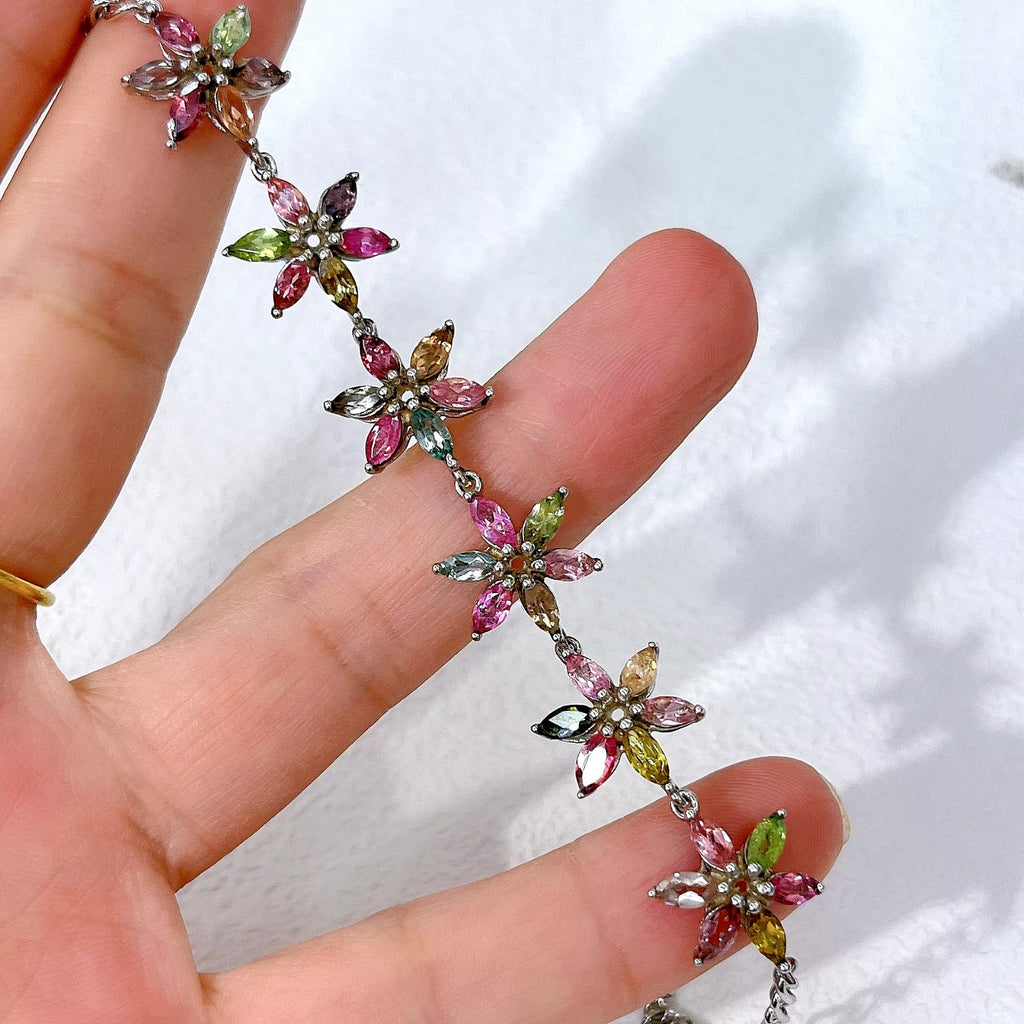 Natural Brazilian Tourmaline Tennis Bracelet, Tourmaline Flower Bracelet