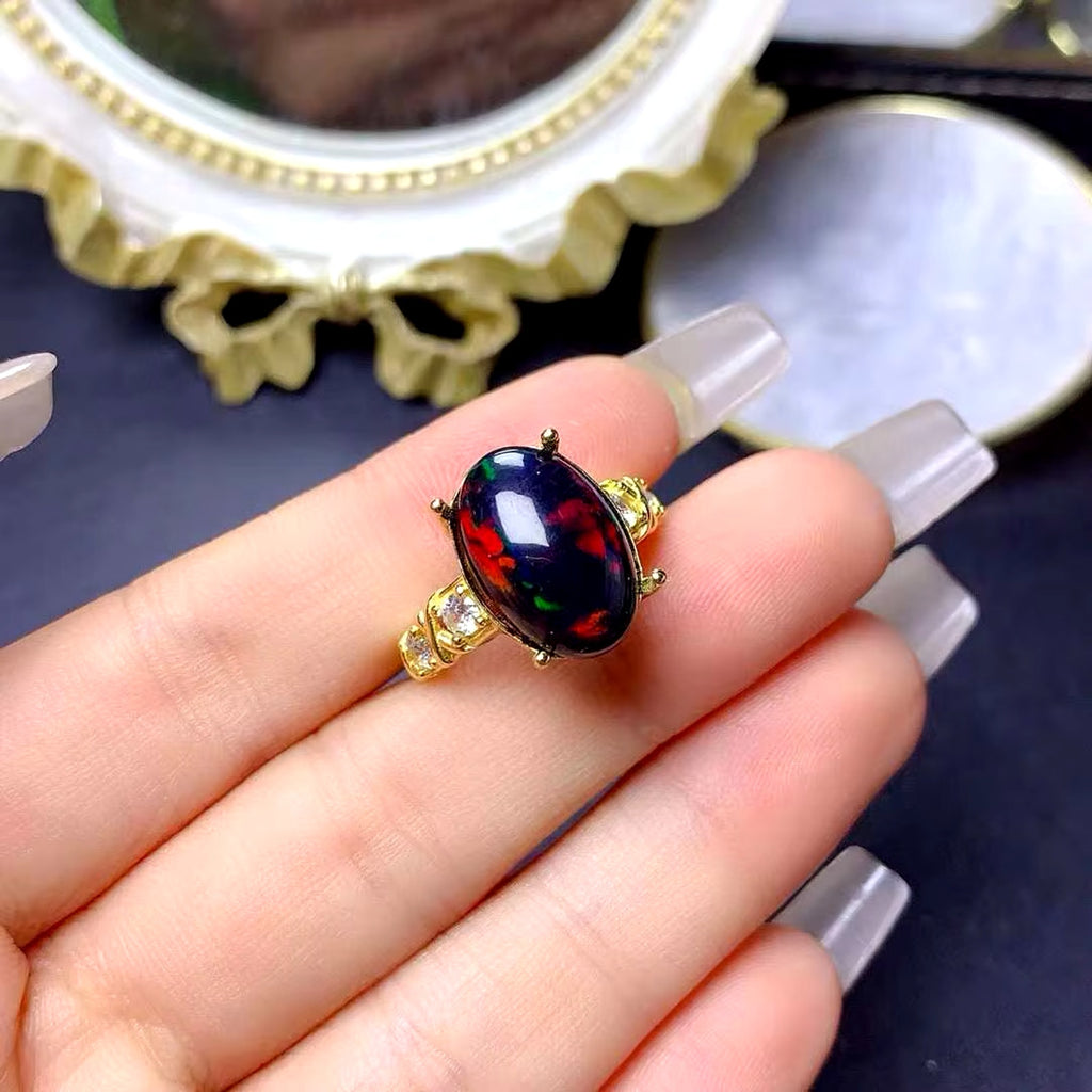 Black Opal Statement Ring, Australian Fire Opal Ring Sterling Silver 10x14mm