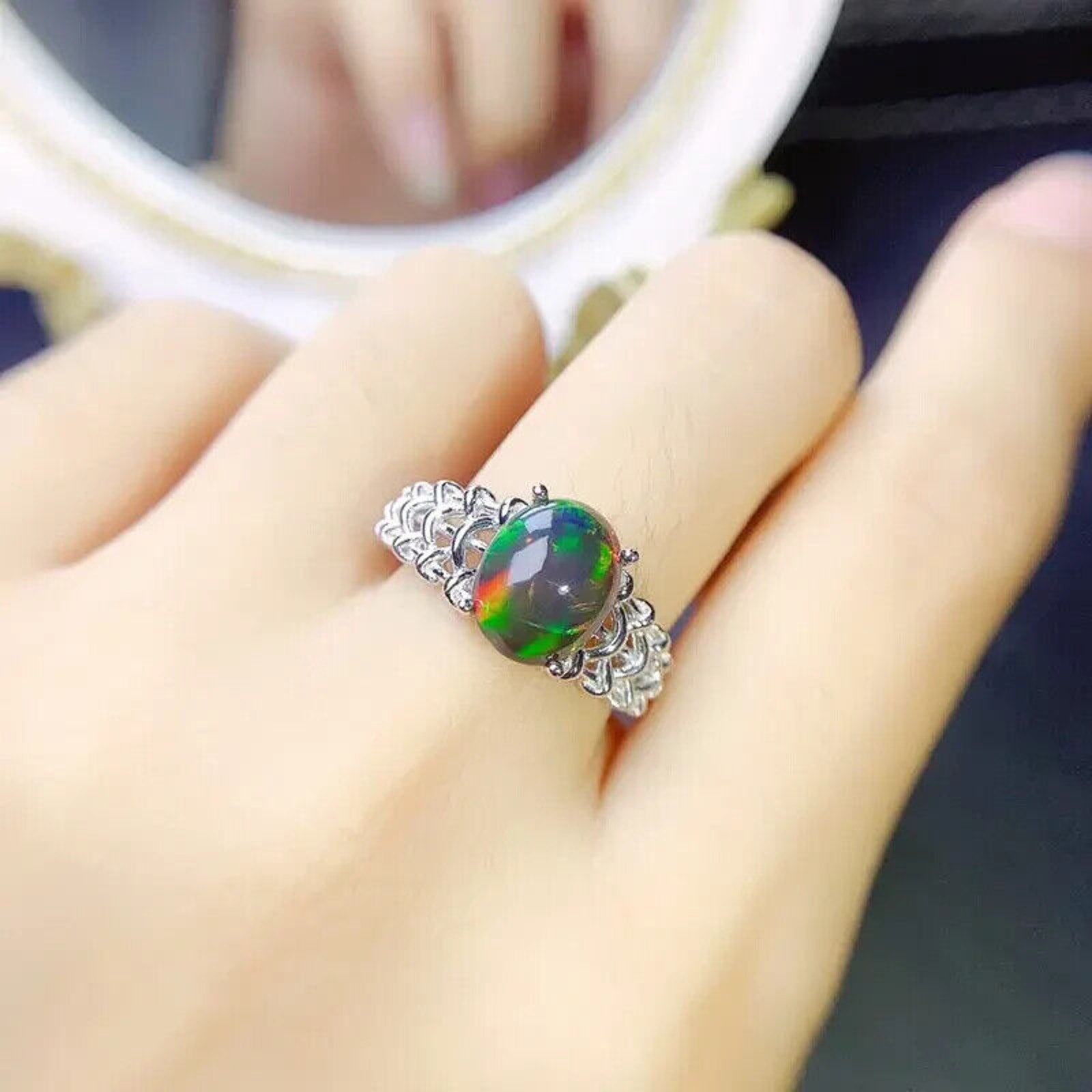 Colorful Black Fire Opal Statement Ring 8x10mm 1.7CT, Natural Fire Opal Ring