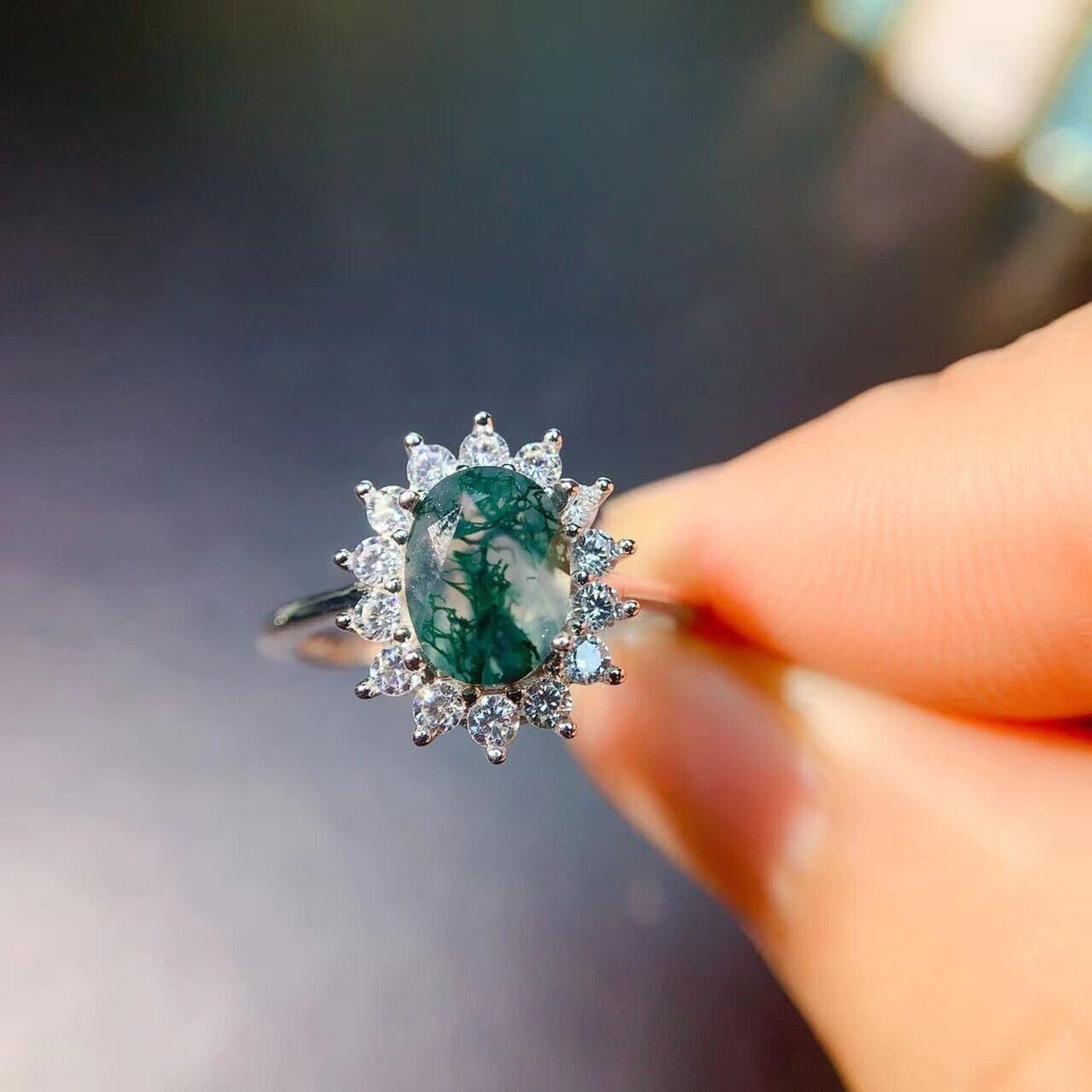 6x8mm Moss Agate Cocktail Ring 925 Sterling Silver