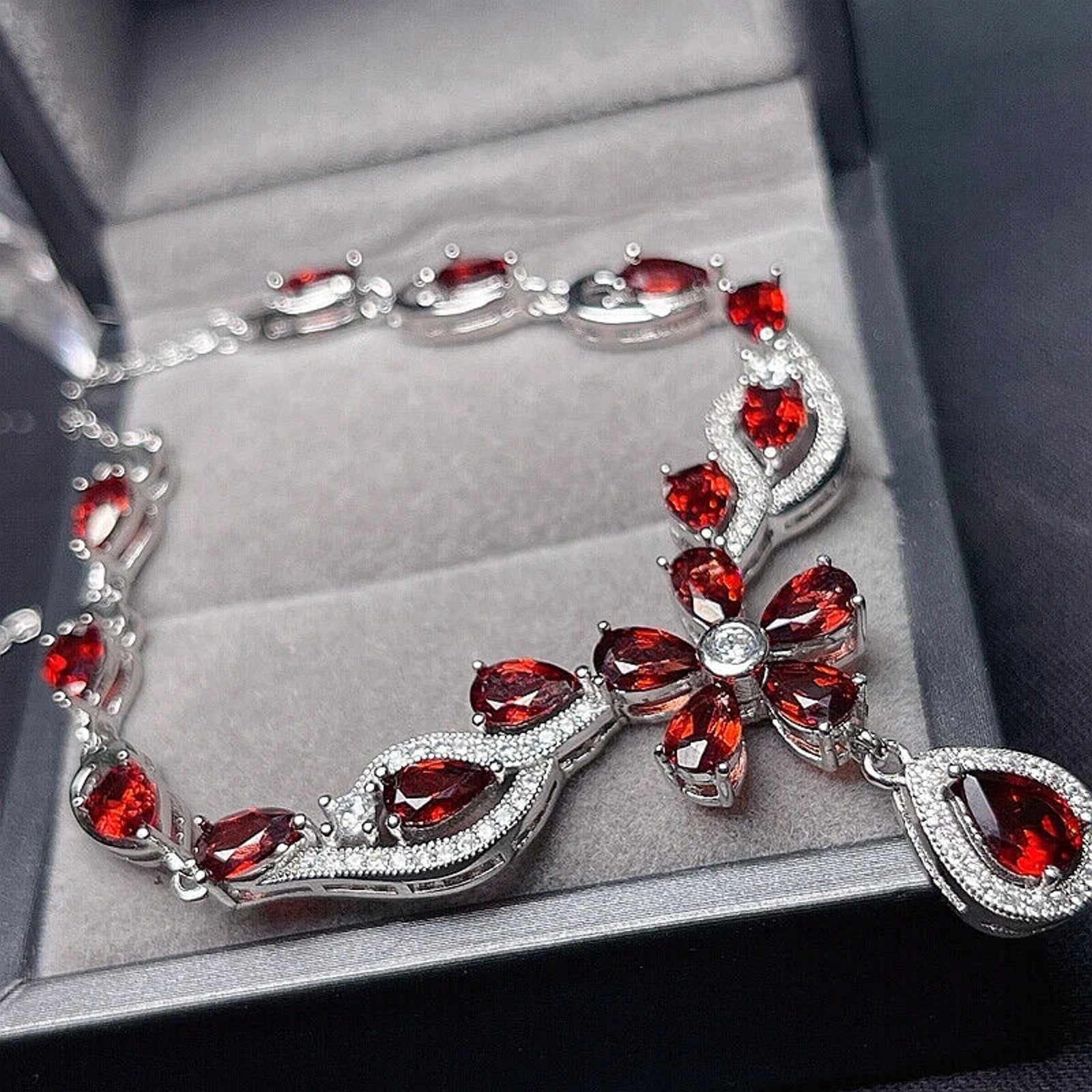 Red Garnet Flower Statement Necklace, Natural Garnet Gemstone Necklace