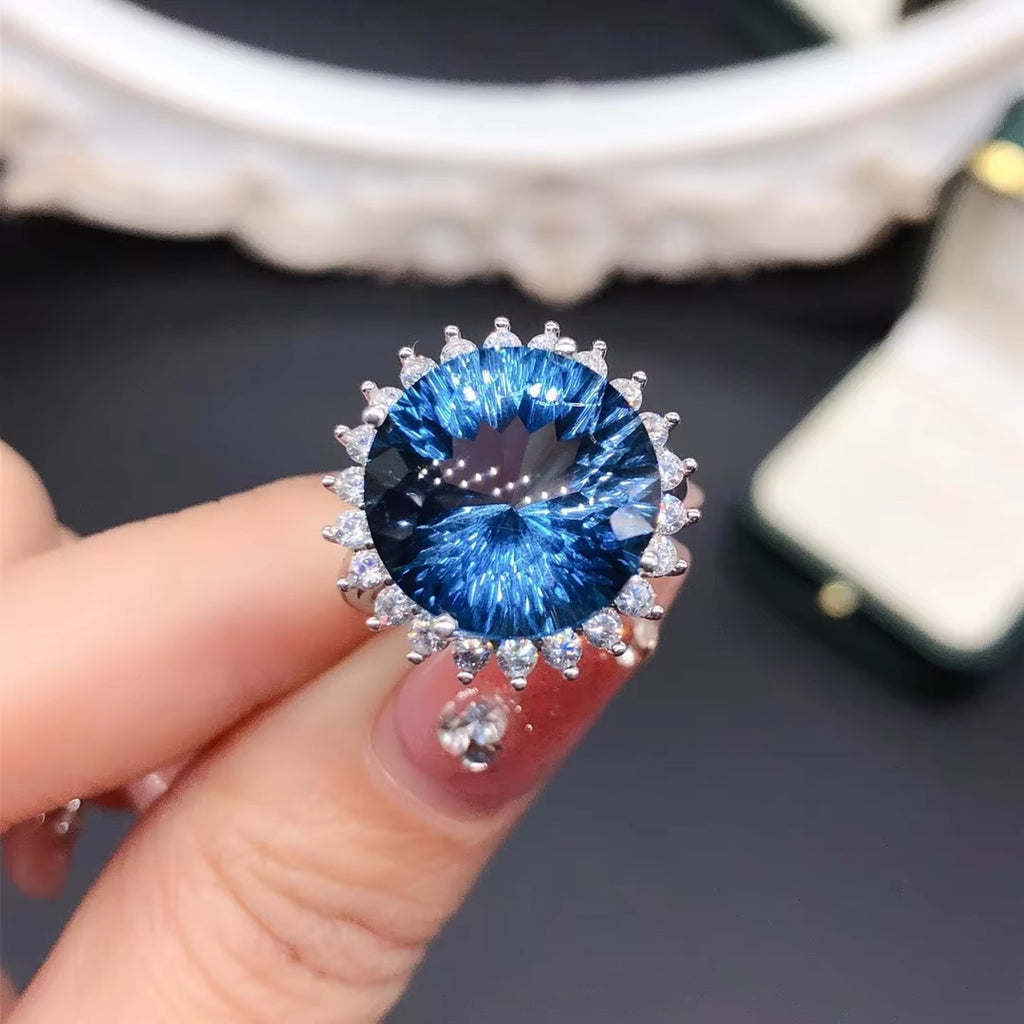12Ct Firework Cut London Blue Topaz Halo Engagement Ring 925 Sterling Silver