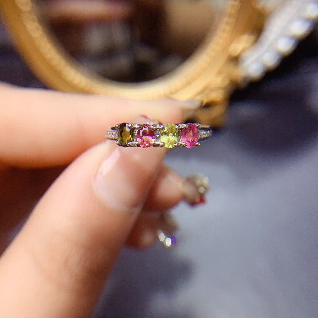 Multicolor Tourmaline Band Ring, Women's Tourmaline Gemstone Ring Silver