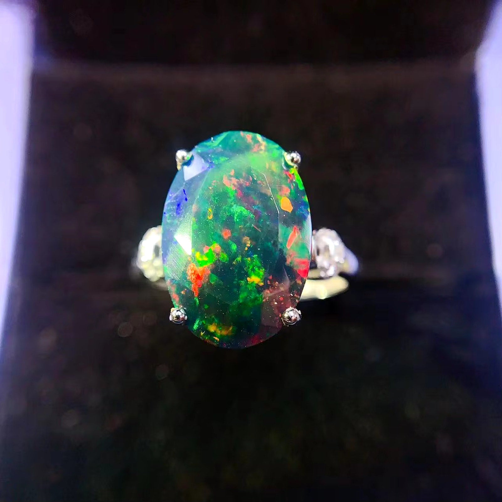 Faceted Black Opal Ring, Australian Fire Opal Statement Ring Sterling Silver