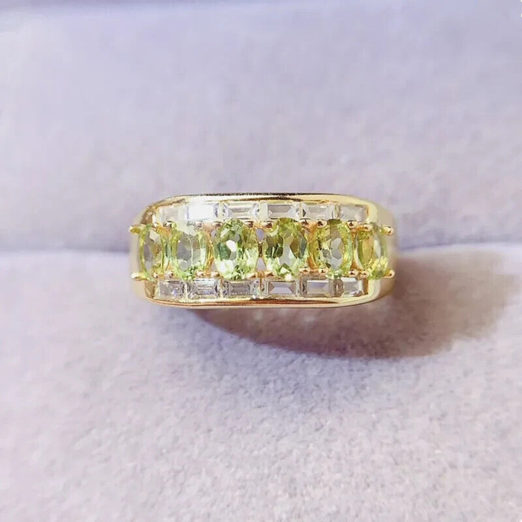 Natural Peridot Gemstone Band Ring 3x4mm, August Birthstone Peridot Ring