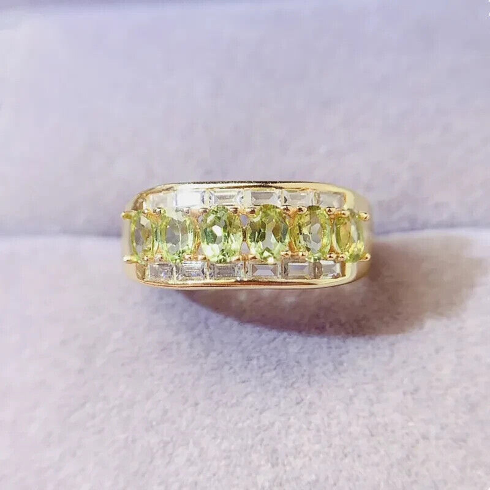 Natural Peridot Gemstone Band Ring 3x4mm, August Birthstone Peridot Ring