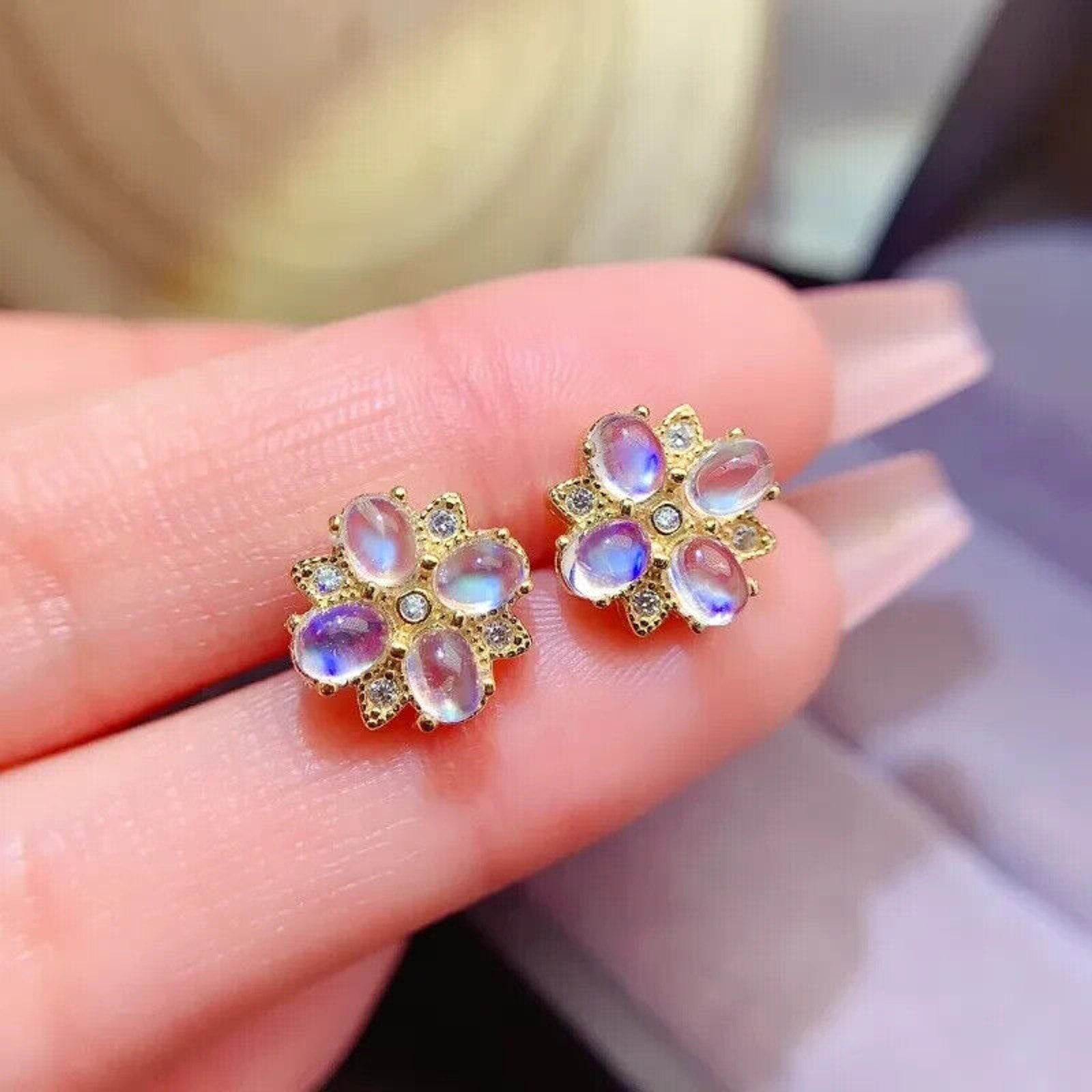 Natural Moonstone Cluster Stud Earrings 3x4mm, Moonstone Earrings 925 Sterling