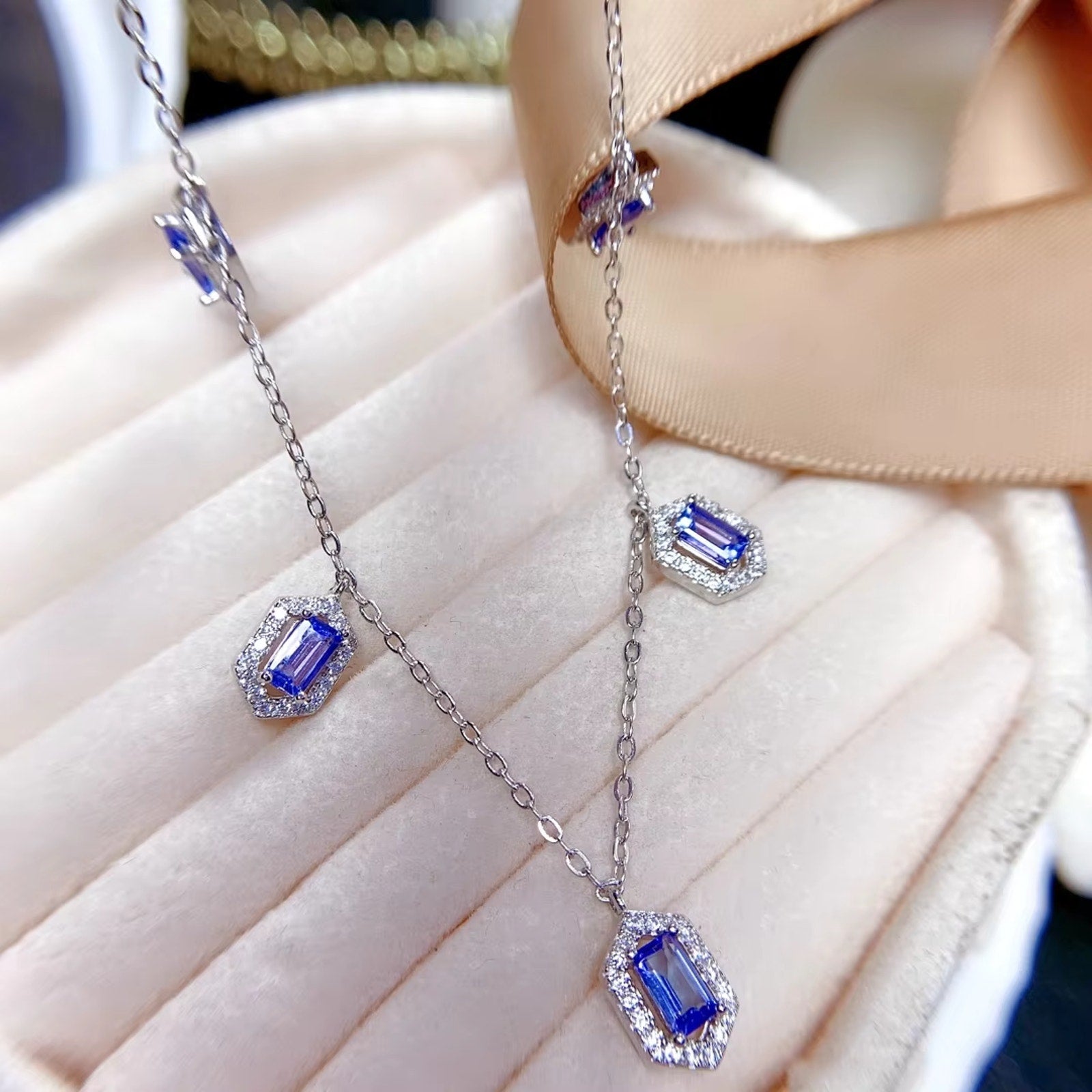 Natural Tanzanite Charm Necklace, Emerald Cut Tanzanite Necklace Sterling Silver