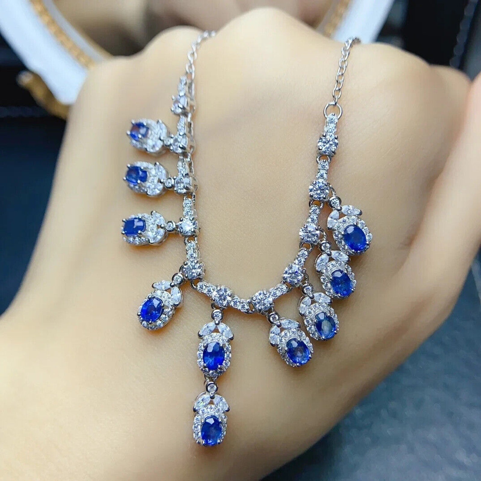 Natural Sapphire Dangle Necklace – 925 Sterling Silver | 3x4mm Charm Necklace