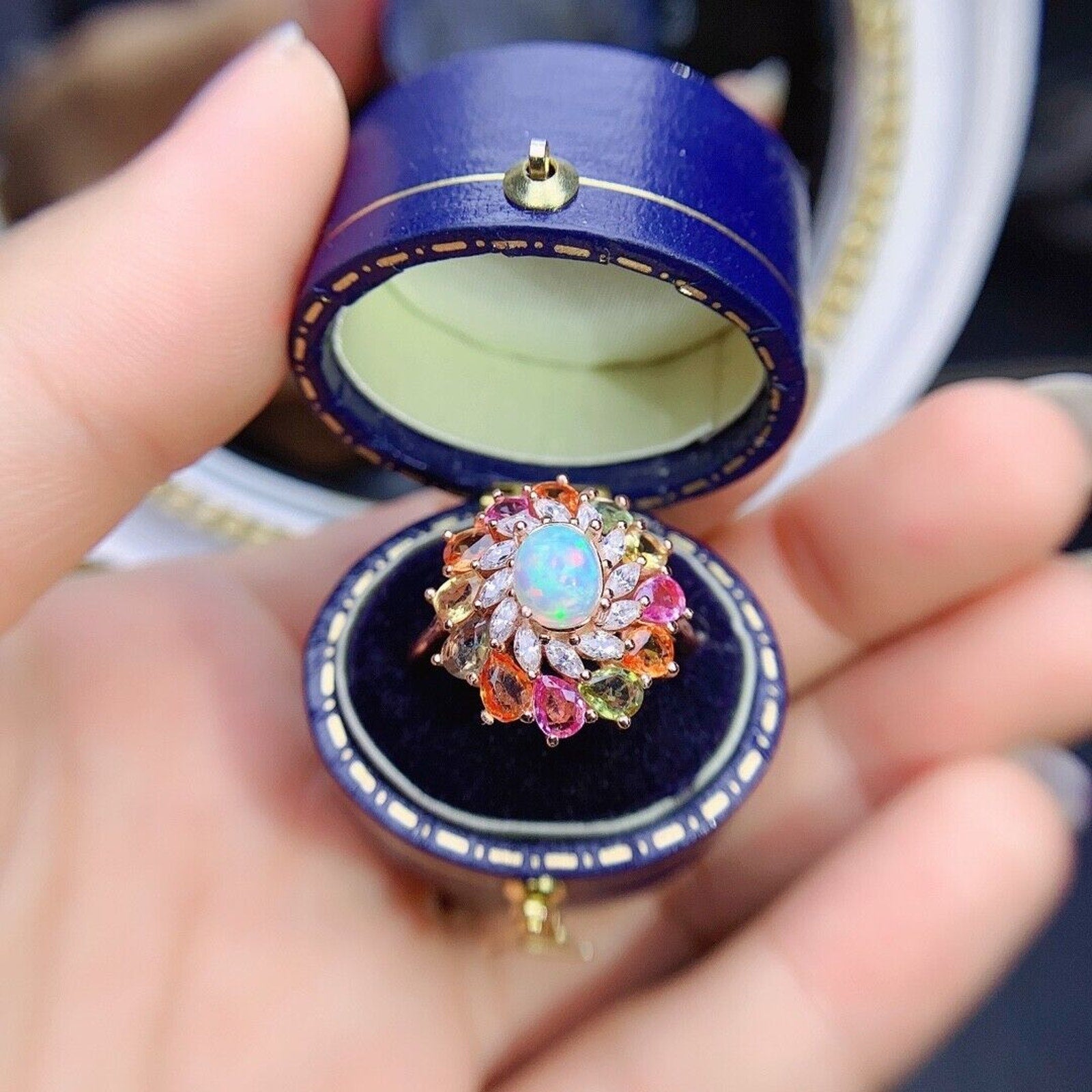 Australian White Opal and Sapphire Statement Ring, Colorful Sapphire and Opal