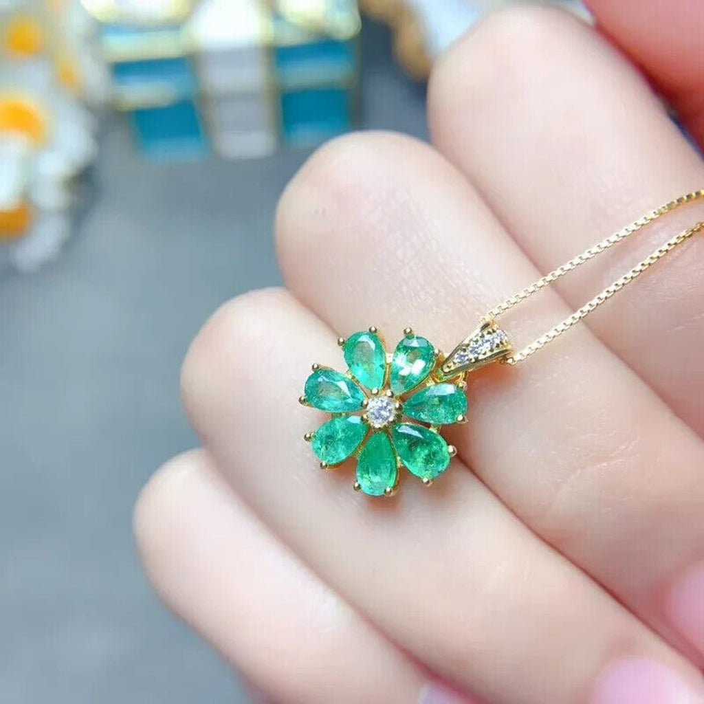 Natural Columbian Emerald Flower Pendant Necklace