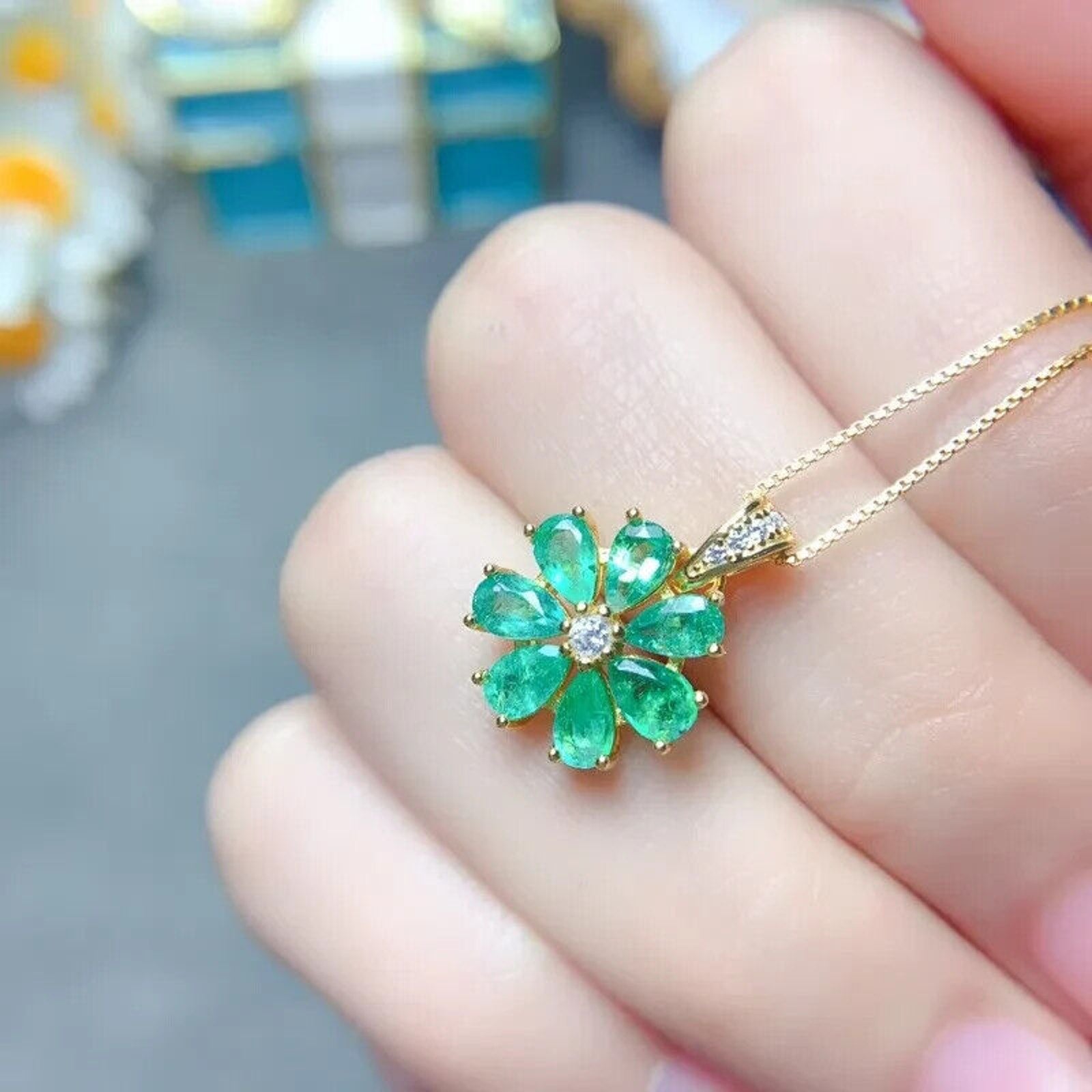 Natural Columbian Emerald Flower Pendant Necklace