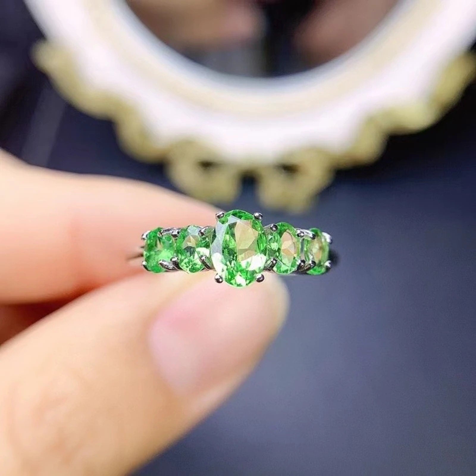 Genuine Tsavorite Gemstone Ring, Oval Cut Tsavorite Ring Platinum Plated