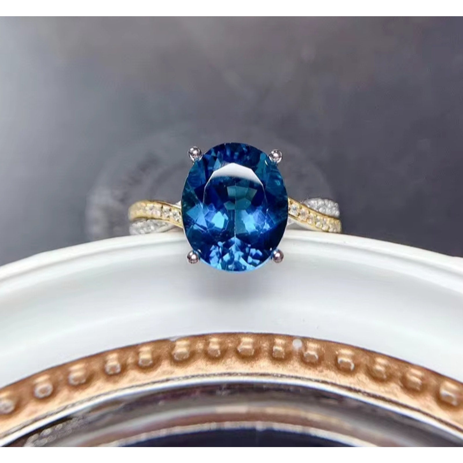 Natural London Blue Topaz Gemstone Ring 8x10mm, London Blue Topaz Ring 925