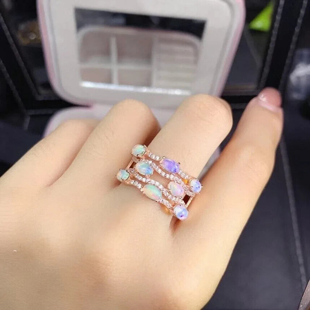 White Opal 3 Layer Band Ring 3x5mm Sterling Silver