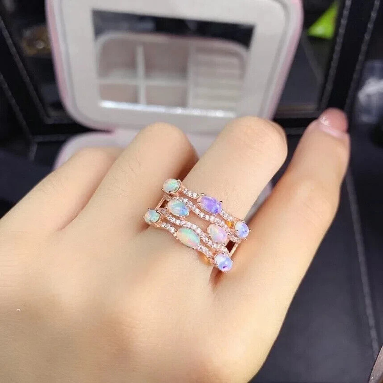 White Opal 3 Layer Band Ring 3x5mm Sterling Silver