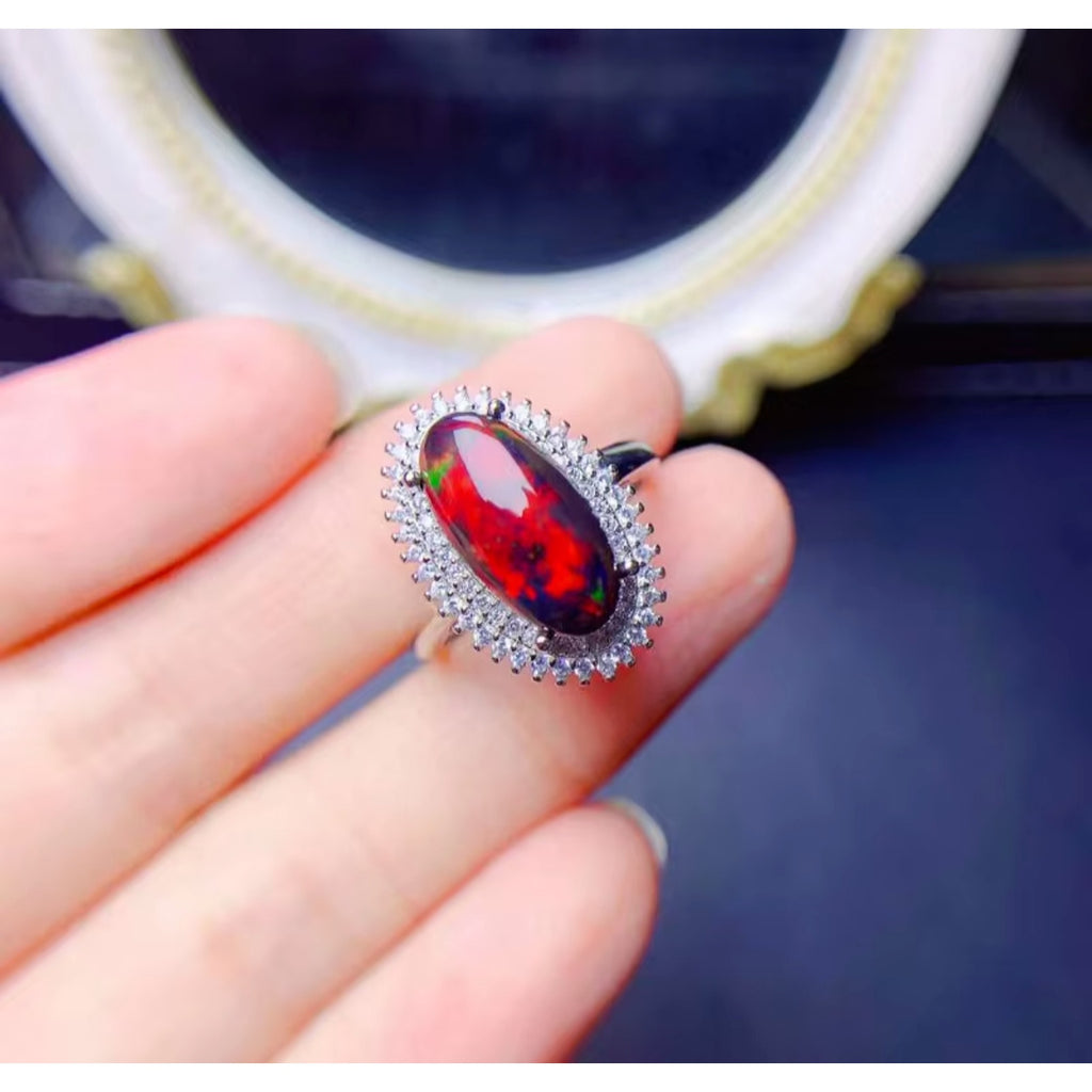 Colorful Fire Opal Statement Ring, Black Fire Opal Ring 7x14mm Sterling Silver