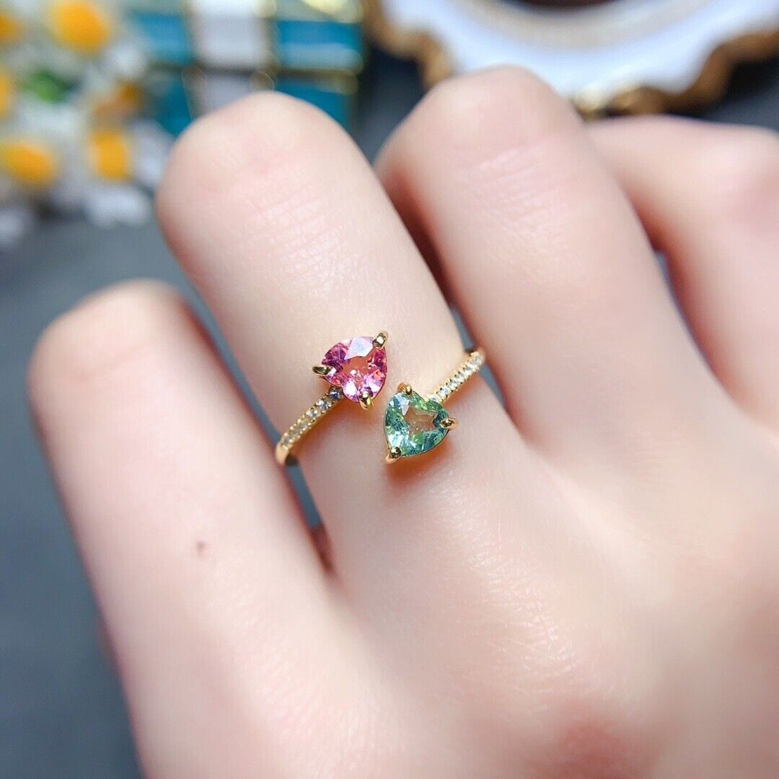 Tourmaline Dainty Heart Ring, Two Stone Colorful Tourmaline Gemstone Ring