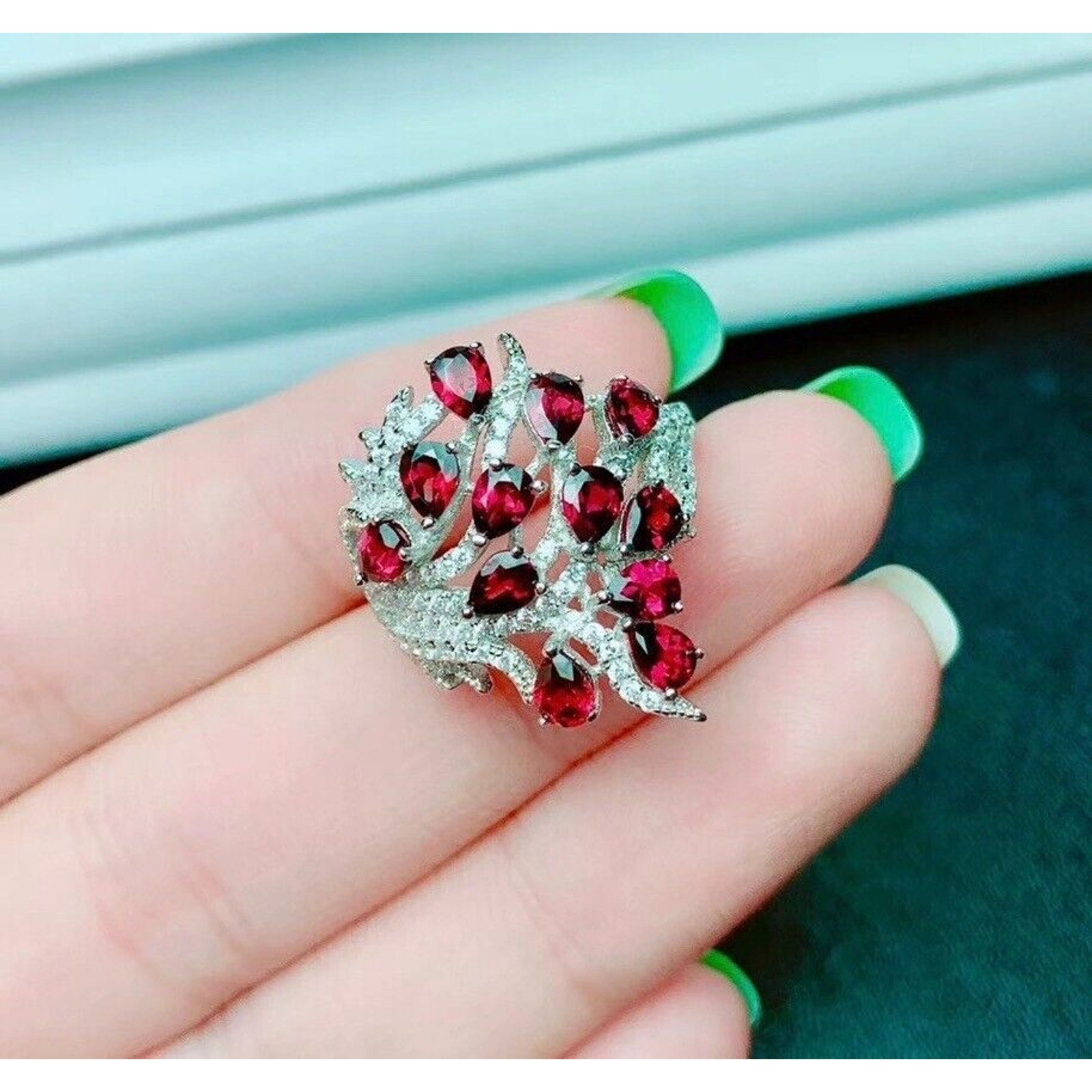 Red Garnet Full Finger Statement Ring, Natural Red Garnet Cluster Ring
