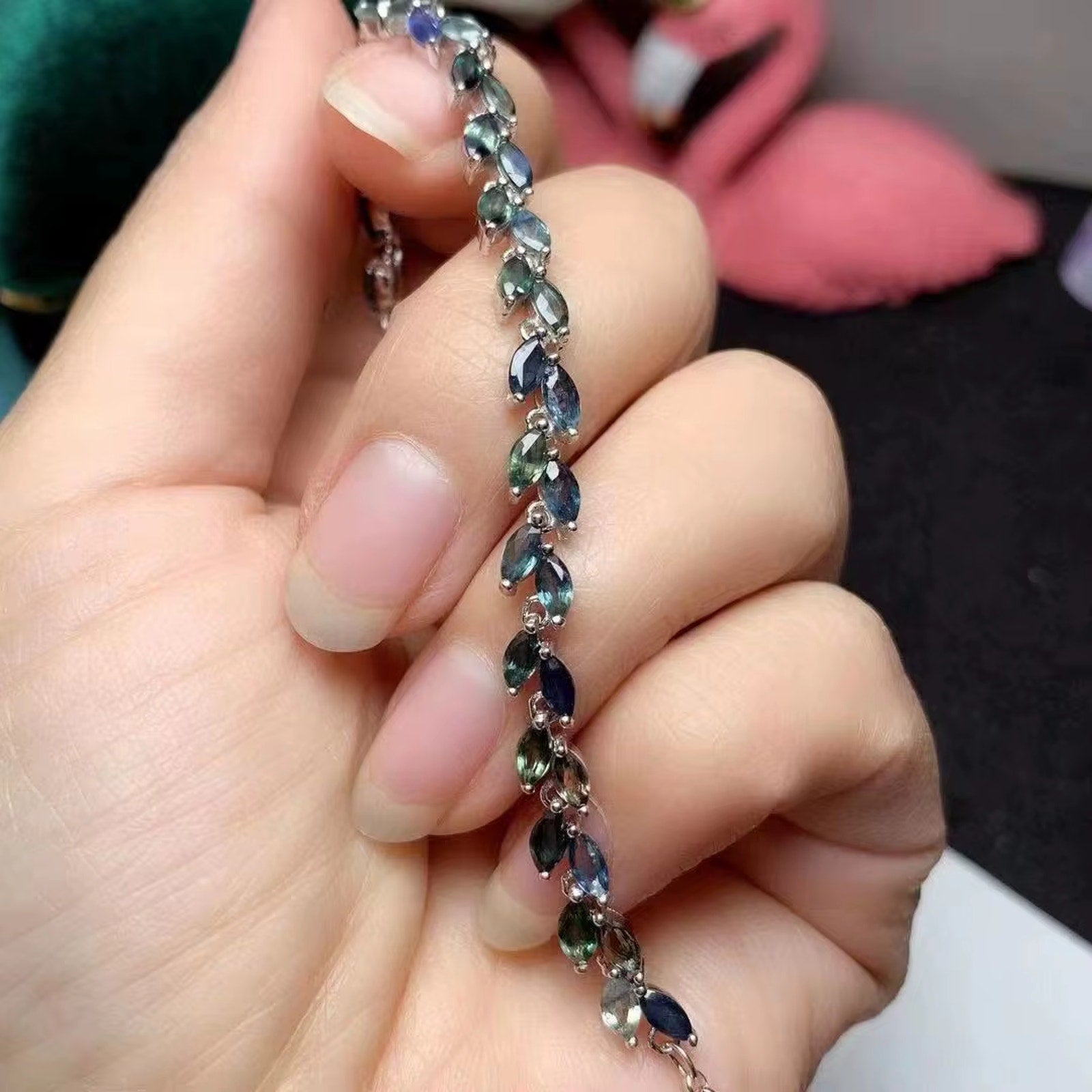 Natural Sapphire Leaf Bracelet, Blue Green Marquise Cut Sapphire Bracelet