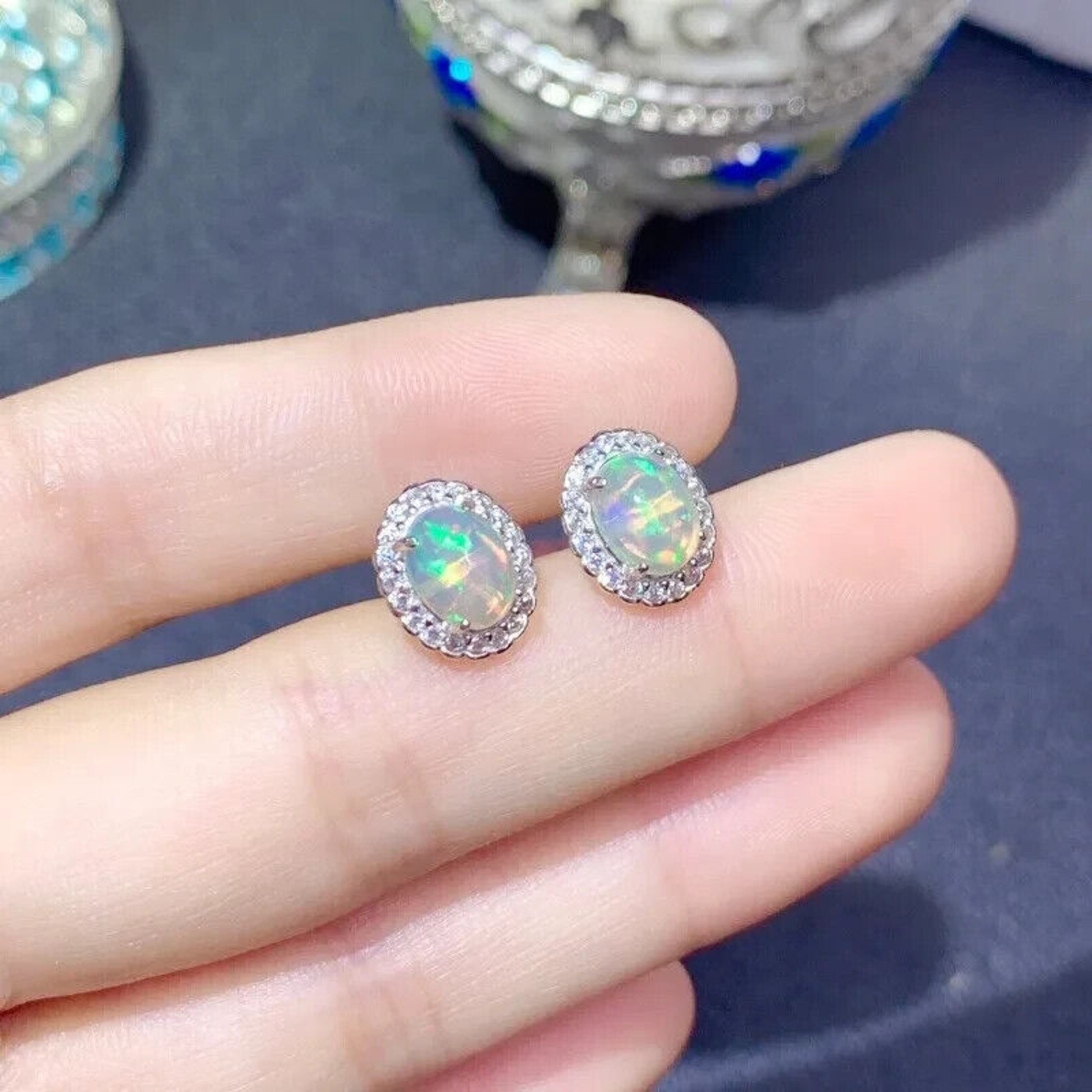 Colorful Fire Opal Stud Earrings, Australian Opal Stud Earrings Sterling 6x8mm