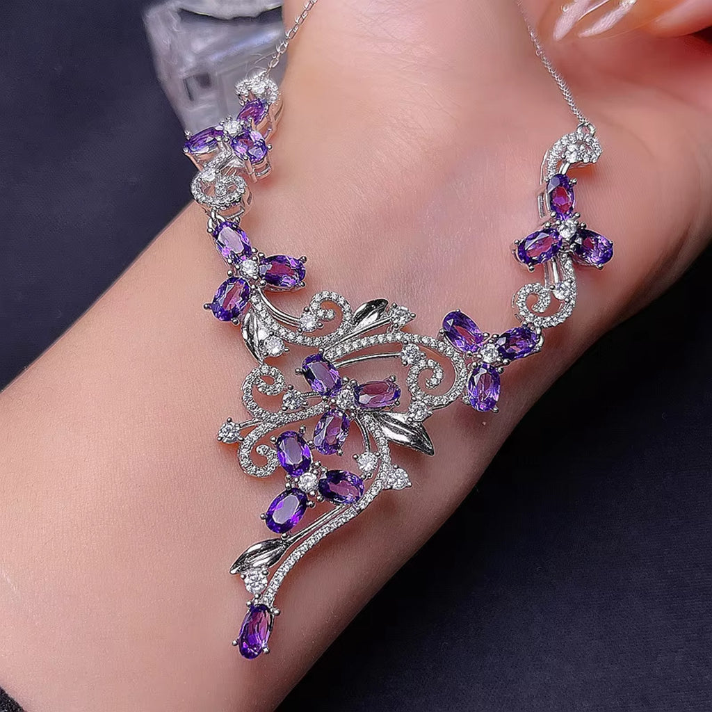 Natural Amethyst Gemstone Statement Necklace 925 Sterling Silver 4x6mm