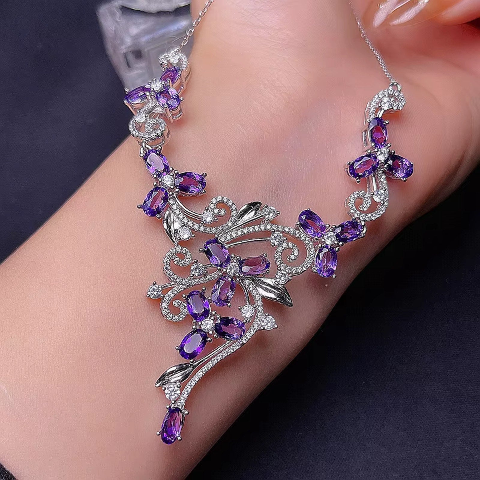 Natural Amethyst Gemstone Statement Necklace 925 Sterling Silver 4x6mm