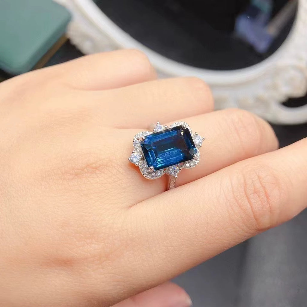 5CT Emerald Cut London Blue Topaz Ring 925 Sterling Silver VVS Grade 8x12mm