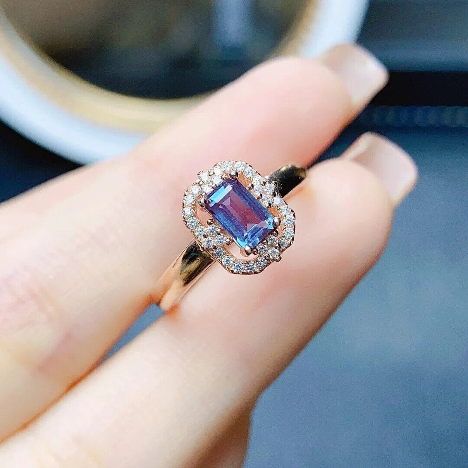 Alexandrite Gemstone Ring Emerald Cut, Lab Created Alexandrite Ring 925 Sterling