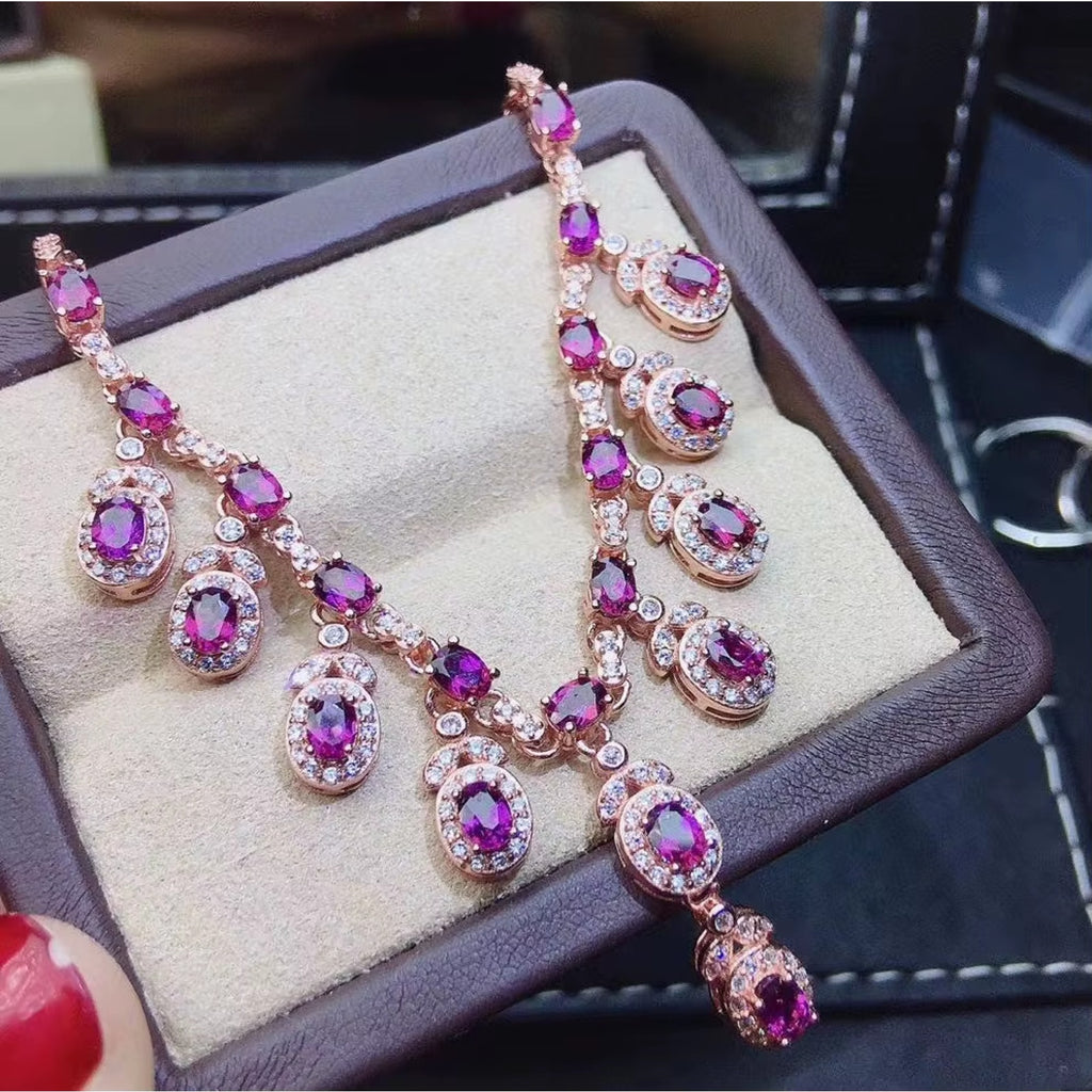 Natural Pink Garnet Charm Necklace 925 Sterling Silver, Garnet Necklace 3x4mm