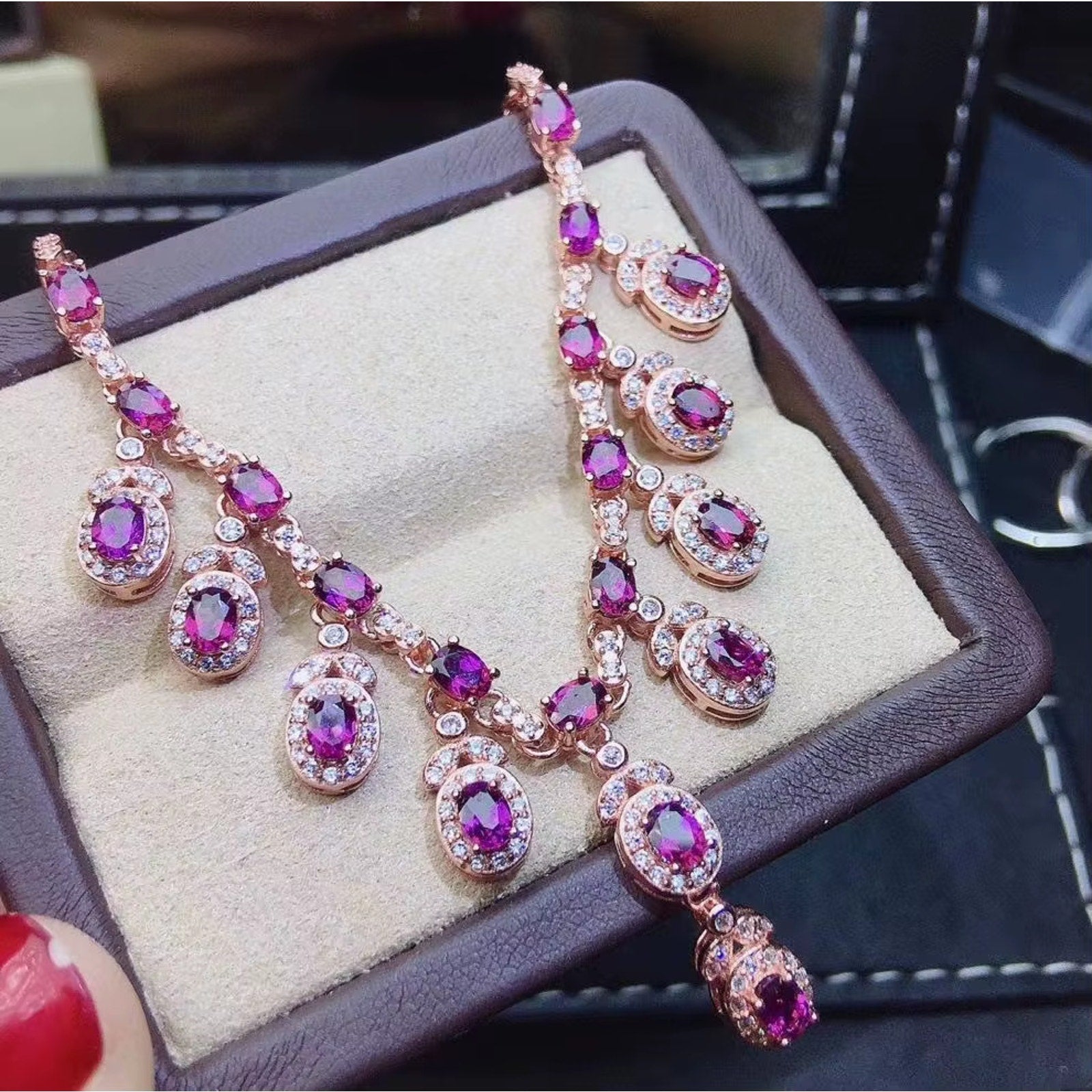 Natural Pink Garnet Charm Necklace 925 Sterling Silver, Garnet Necklace 3x4mm