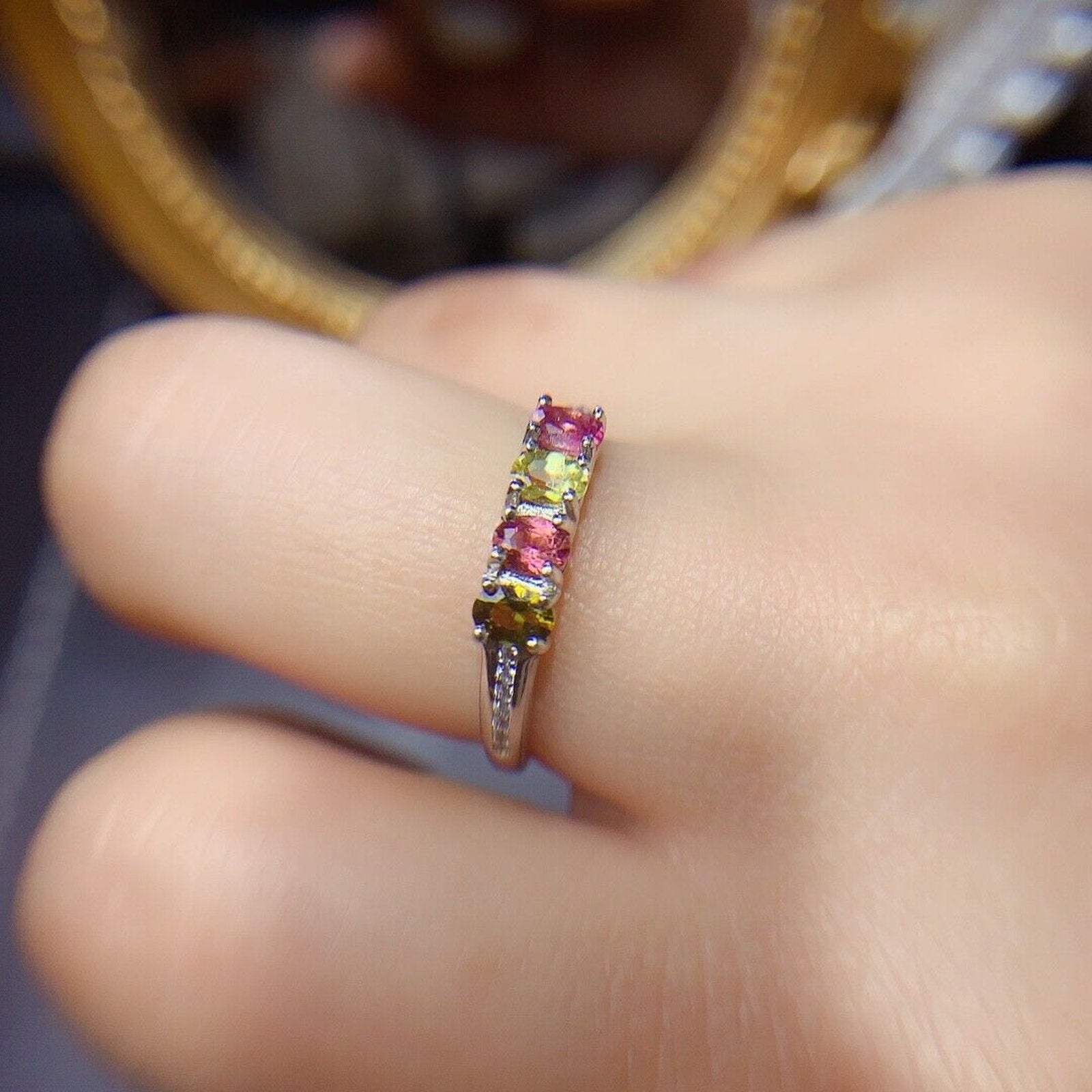 Multicolor Tourmaline Band Ring, Women's Tourmaline Gemstone Ring Silver
