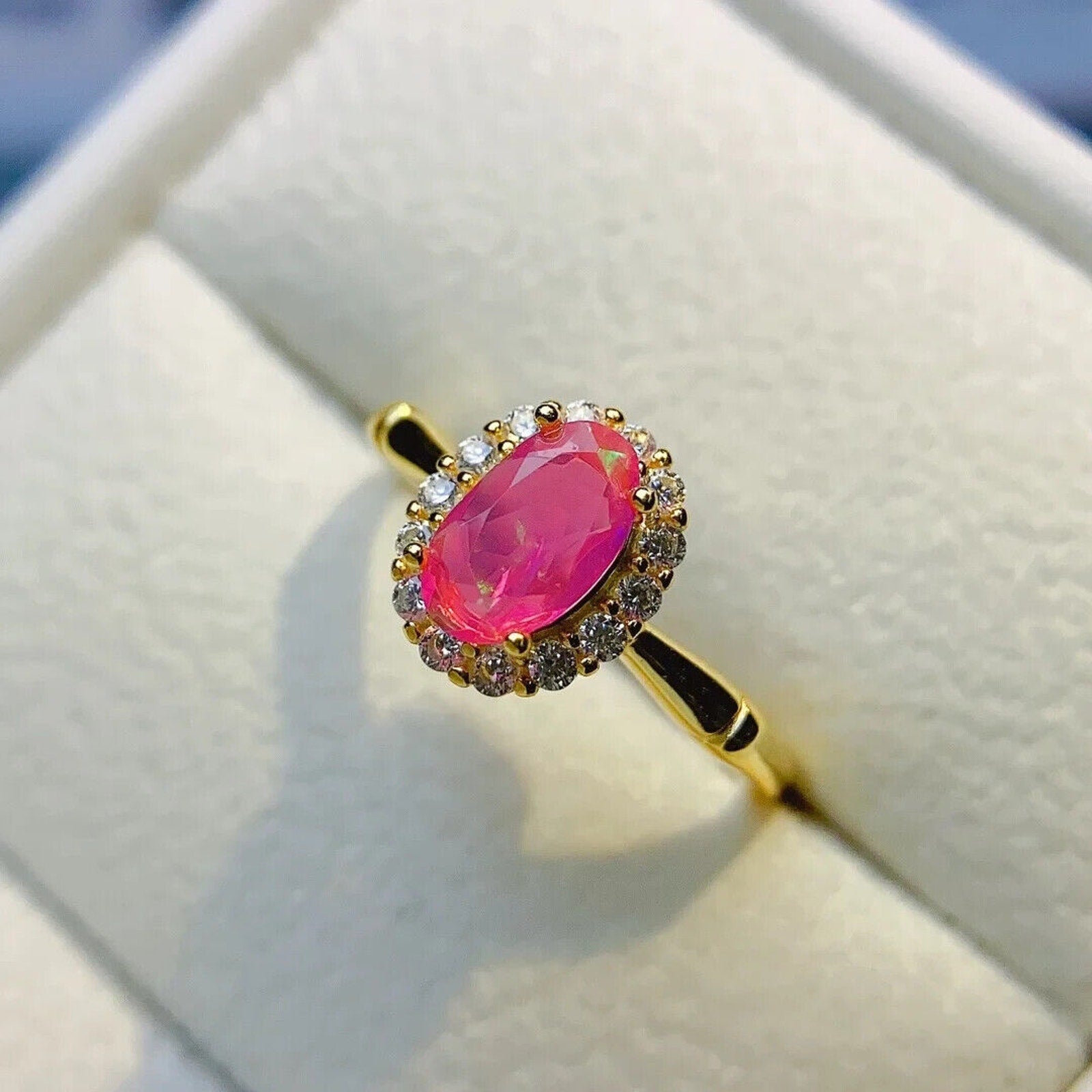 Pink Fire Opal Gemstone Ring 5x8mm, Natural Pink Fire Opal Ring 925 Sterling