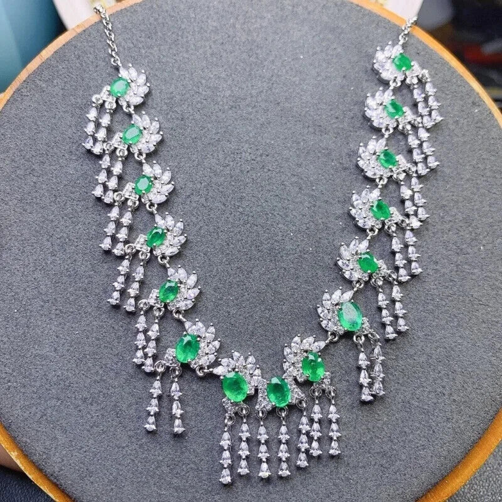 Natural Emerald Cluster Statement Necklace, Genuine Colombian Emerald Necklace