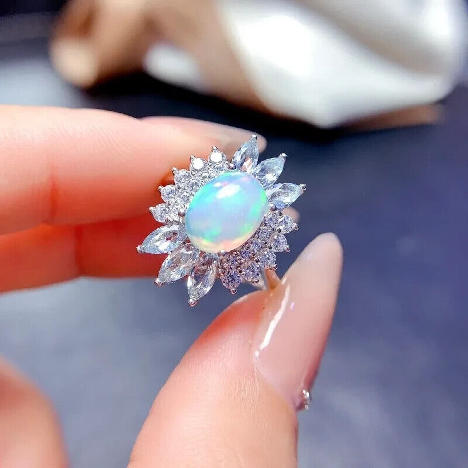 Natural Fire Opal And Aquamarine Gemstone Ring, Opal and Aquamarine Jewelry