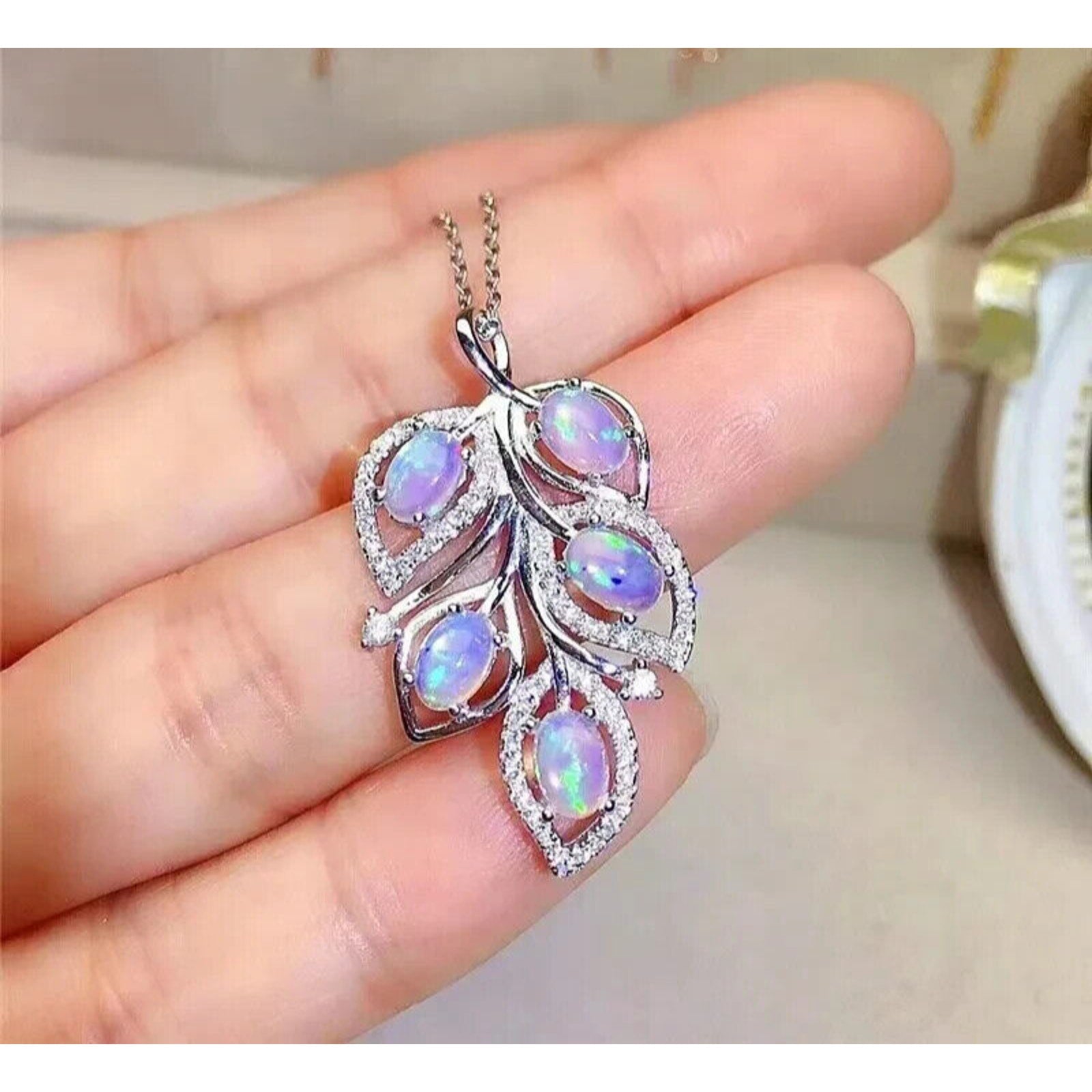 Natural Fire Opal Leaf Pendant Necklace, Colorful Fire Opal Pendant Necklace